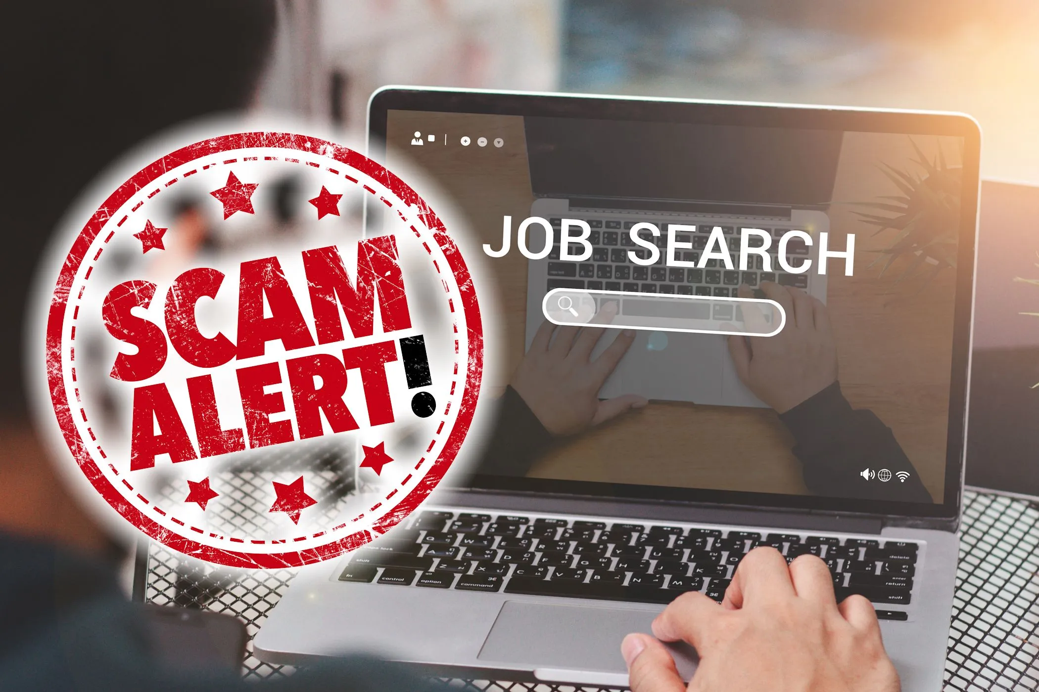 Biển báo cảnh báo 'SCAM ALERT' trên nền hình ảnh tìm việc làm, biểu thị rủi ro lừa đảo tuyển dụng.