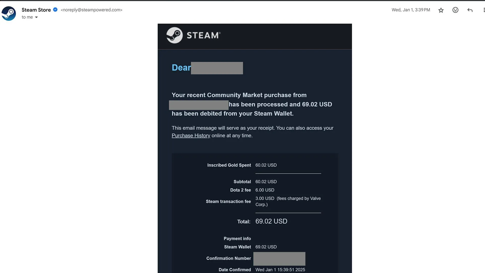 Biên lai giao dịch trên Chợ Cộng đồng Steam qua email, chứa thông tin giao dịch lừa đảo