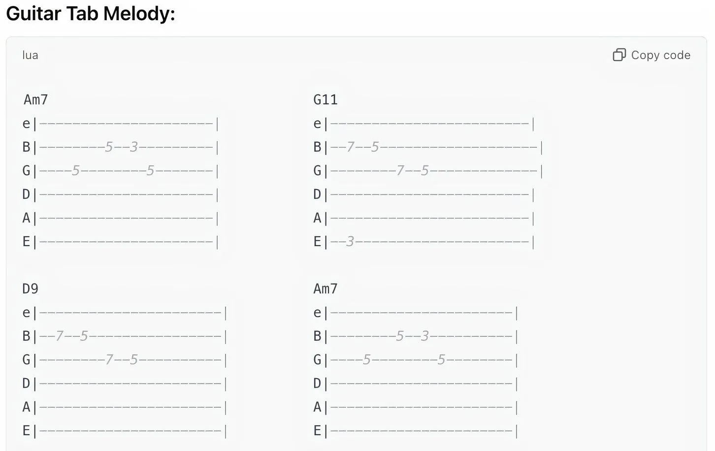 Biểu diễn hợp âm Am7, D9, G11, Am7 qua bảng ghi nhạc guitar (tablature) được tạo bởi ChatGPT.