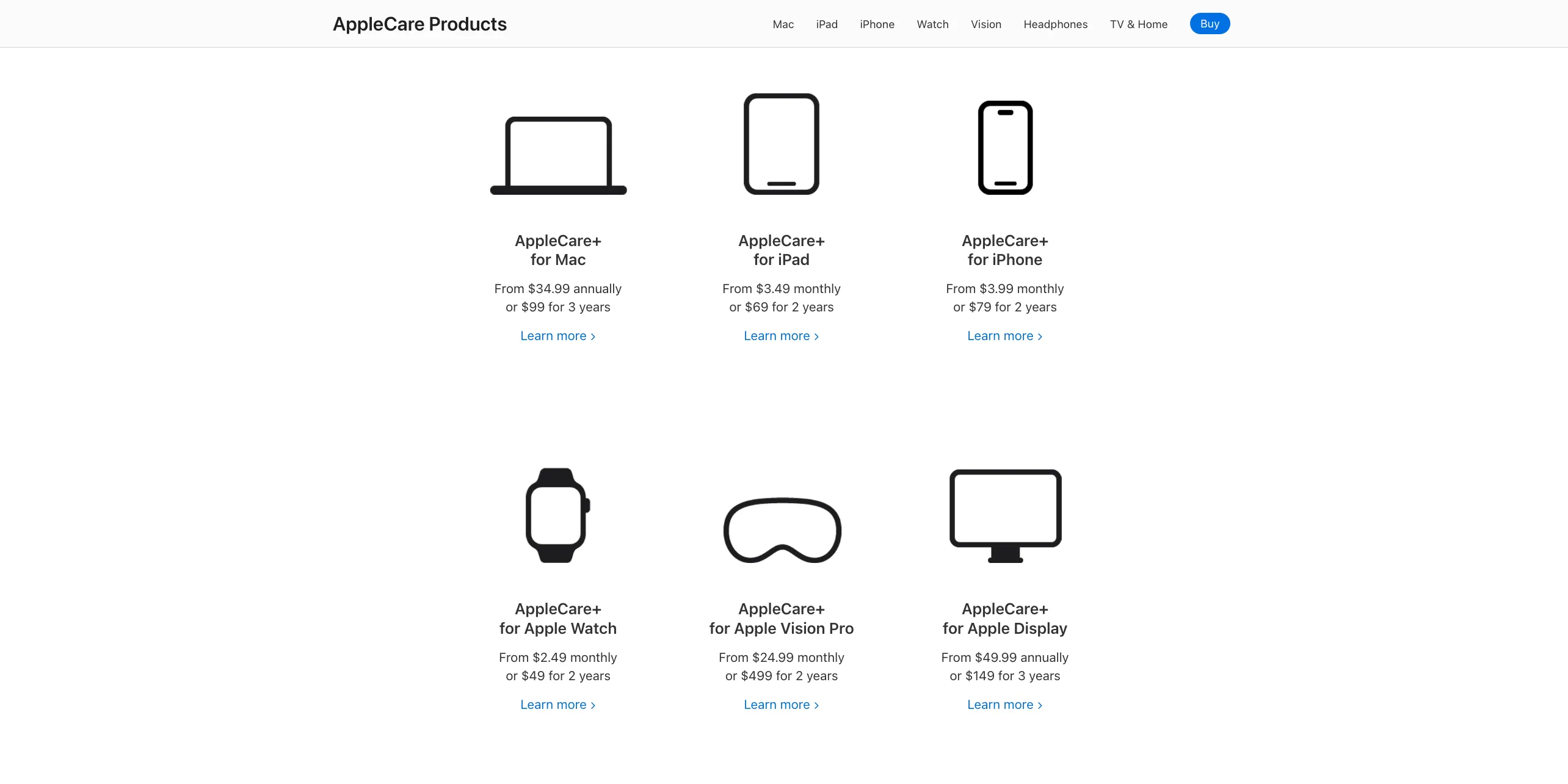Biểu đồ minh họa các gói bảo hành AppleCare+ và mức giá tương ứng cho nhiều dòng sản phẩm Apple khác nhau.