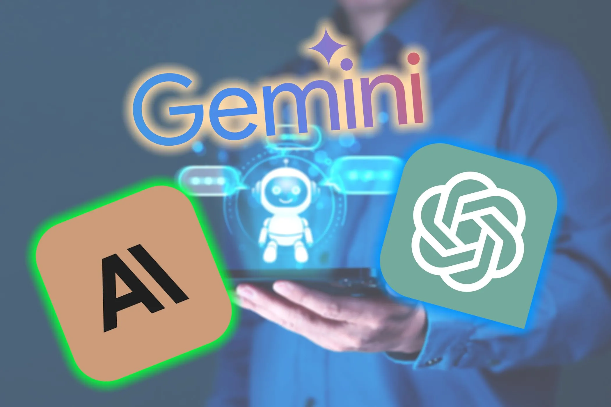 Biểu tượng các công cụ AI phổ biến như Gemini, ChatGPT, Claude cùng hình ảnh chatbot AI minh họa