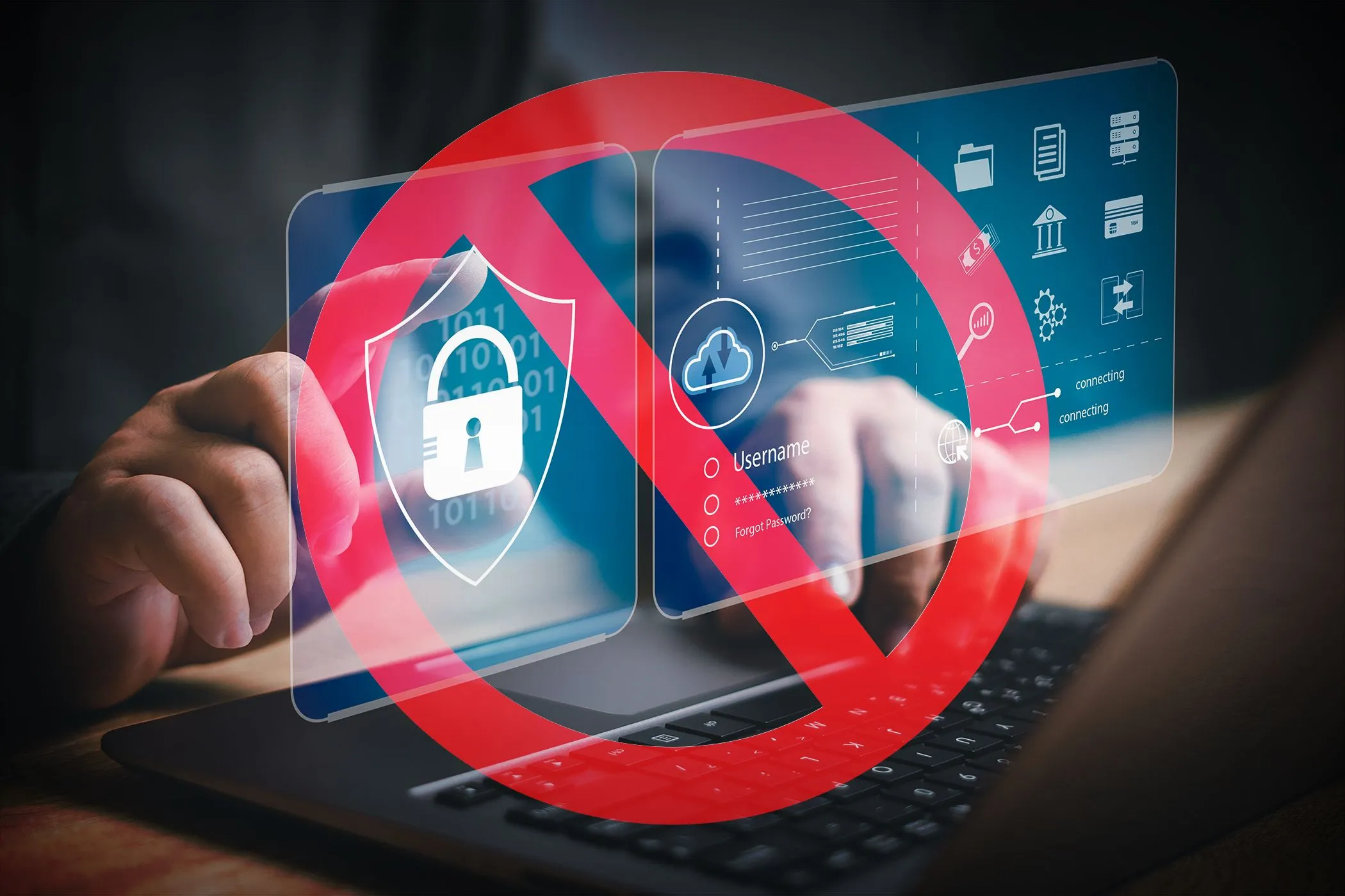 Biểu tượng cấm màu đỏ trên các biểu tượng bảo mật trên laptop, tượng trưng cho hạn chế về quyền riêng tư hoặc mã hóa khi dùng Smart DNS Proxy.