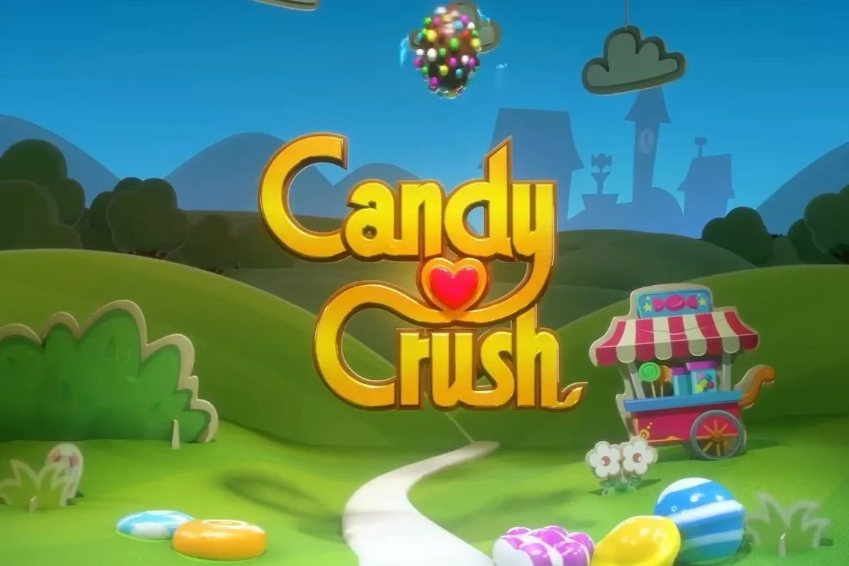 Biểu tượng Candy Crush với nền xanh vui nhộn