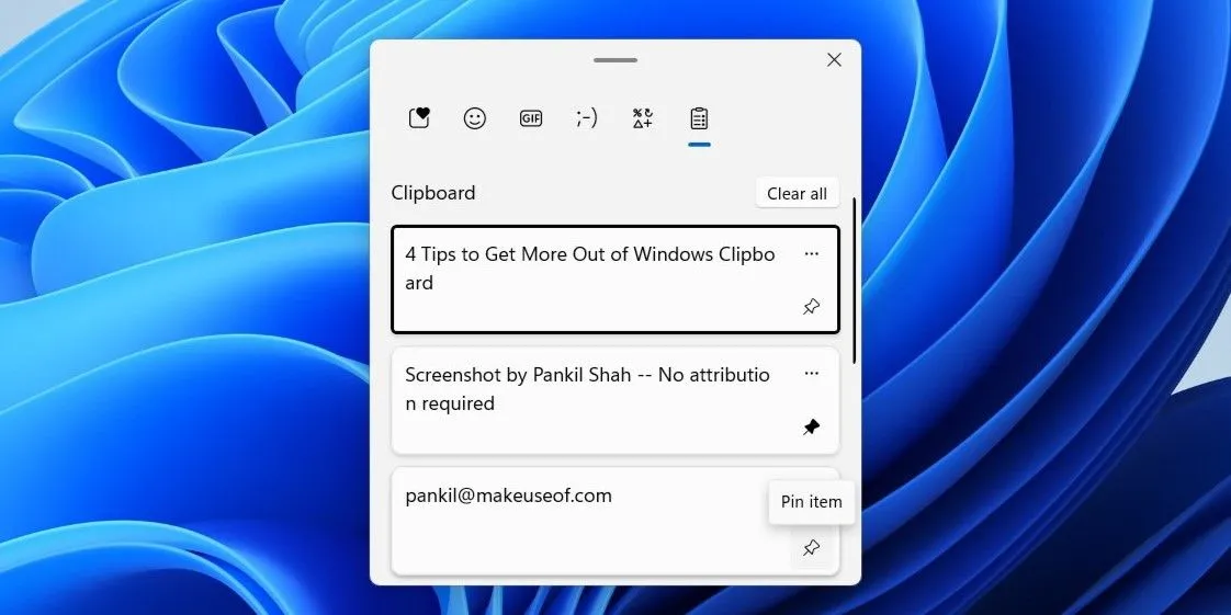 Biểu tượng ghim mục trong cửa sổ lịch sử Clipboard Windows 11