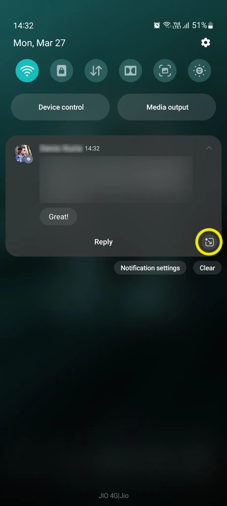 Biểu tượng thông báo nổi hiển thị trong bảng cài đặt nhanh trên giao diện Samsung One UI