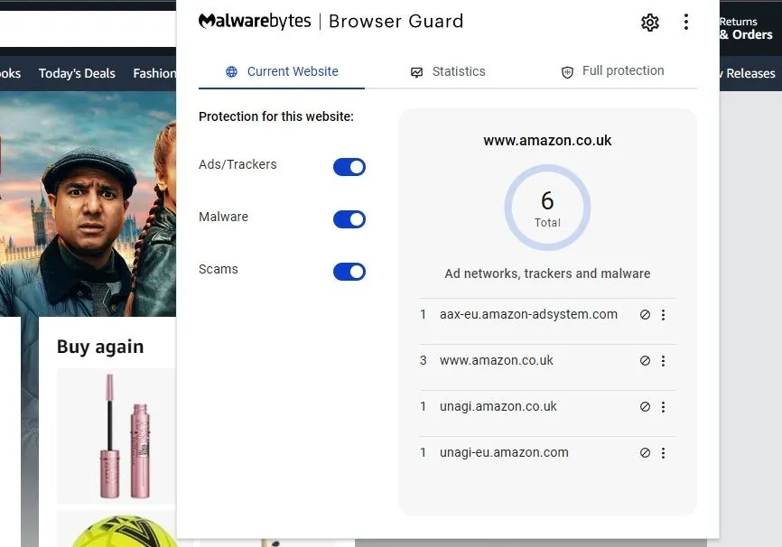 Biểu tượng tiện ích Malwarebytes Browser Guard trên trình duyệt Chrome.