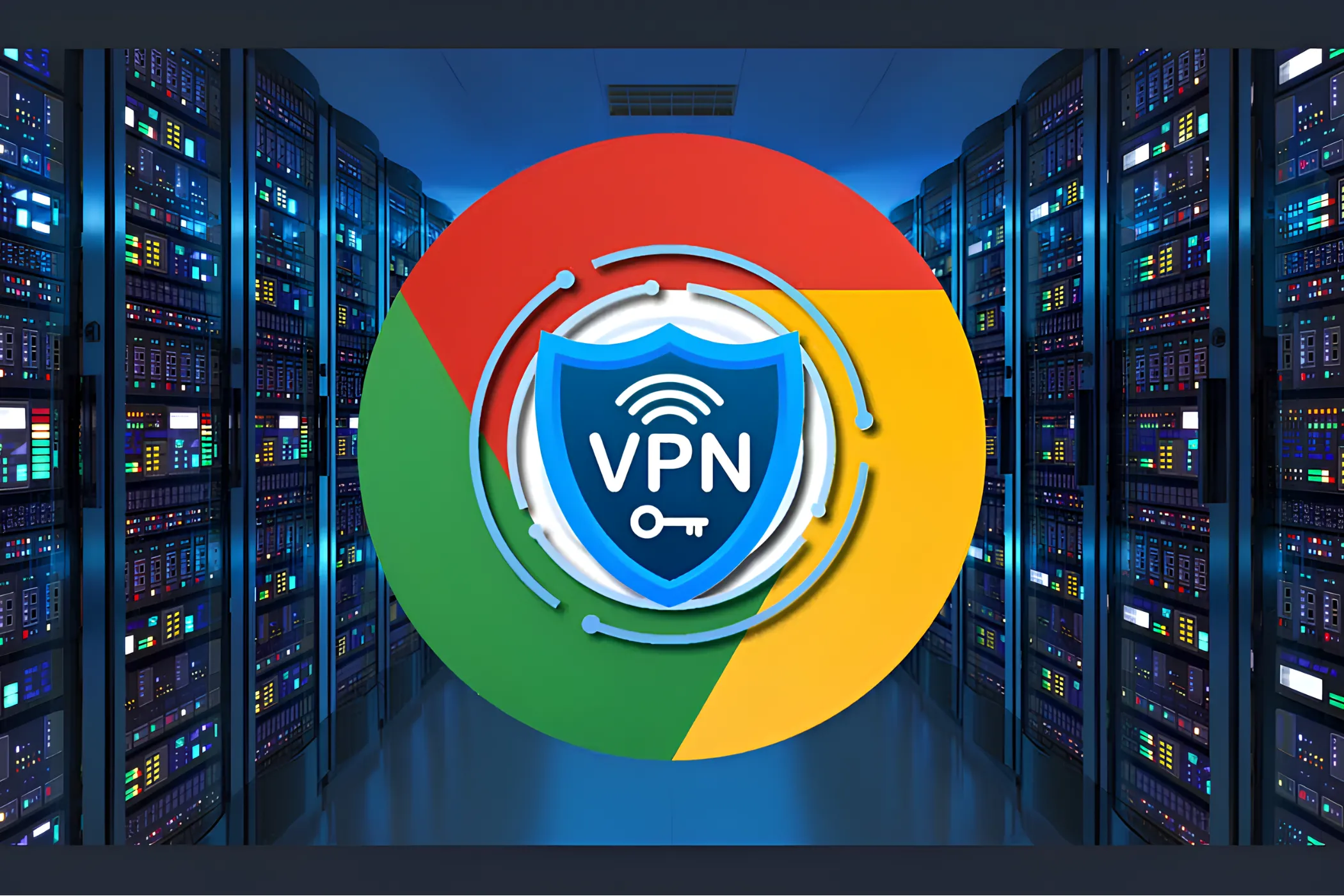 Biểu tượng trình duyệt Google Chrome với huy hiệu VPN trong phòng máy chủ