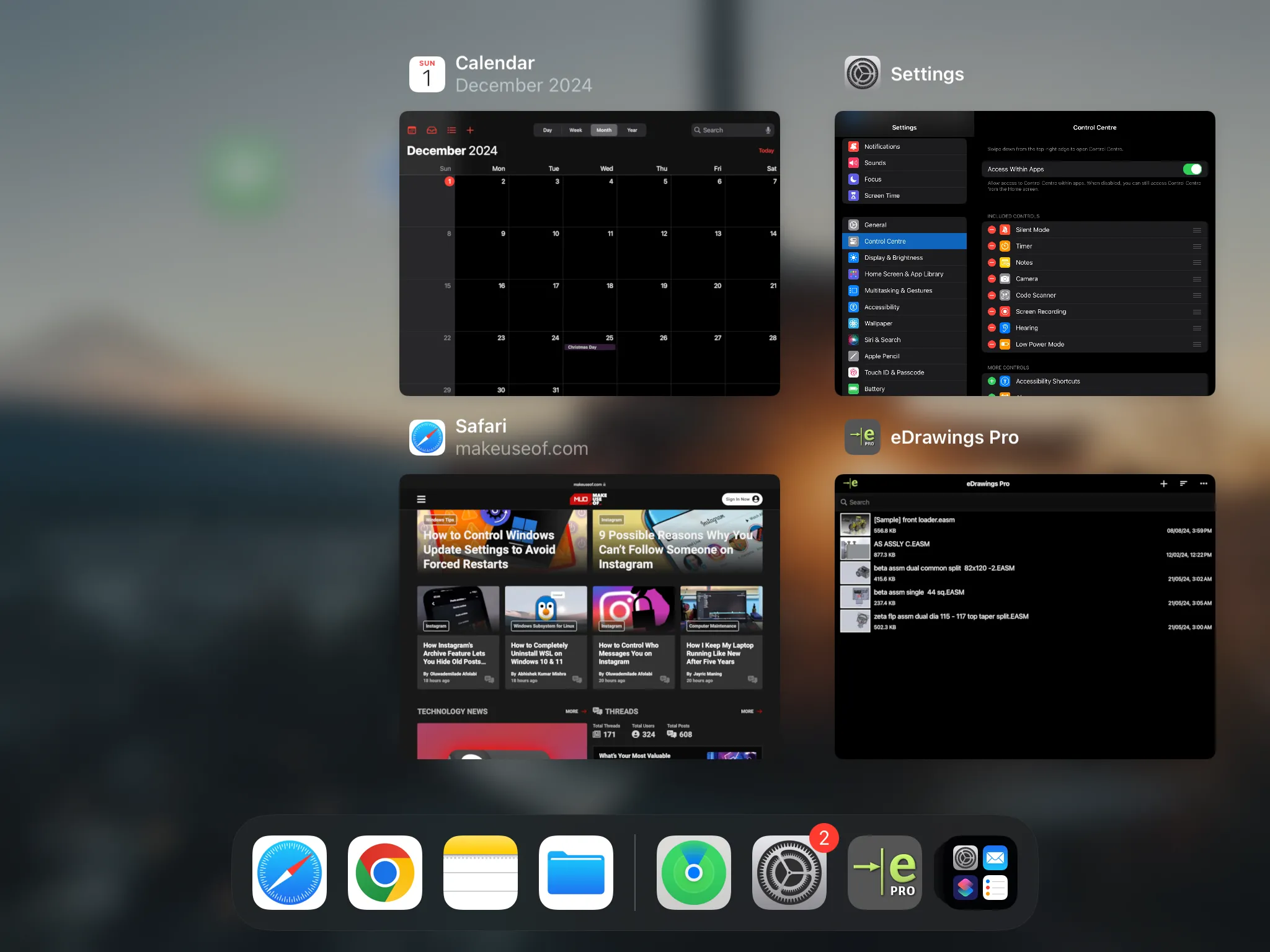 Bộ chuyển đổi ứng dụng iPadOS với nhiều ứng dụng đang mở