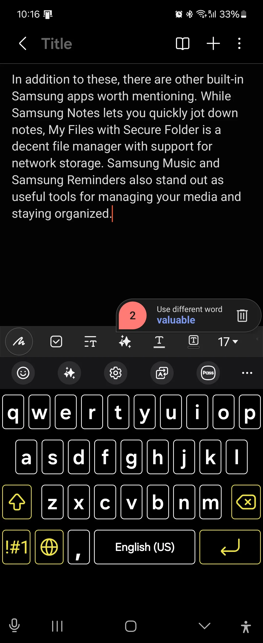 Bố cục bàn phím Samsung Keyboard trong Samsung Notes