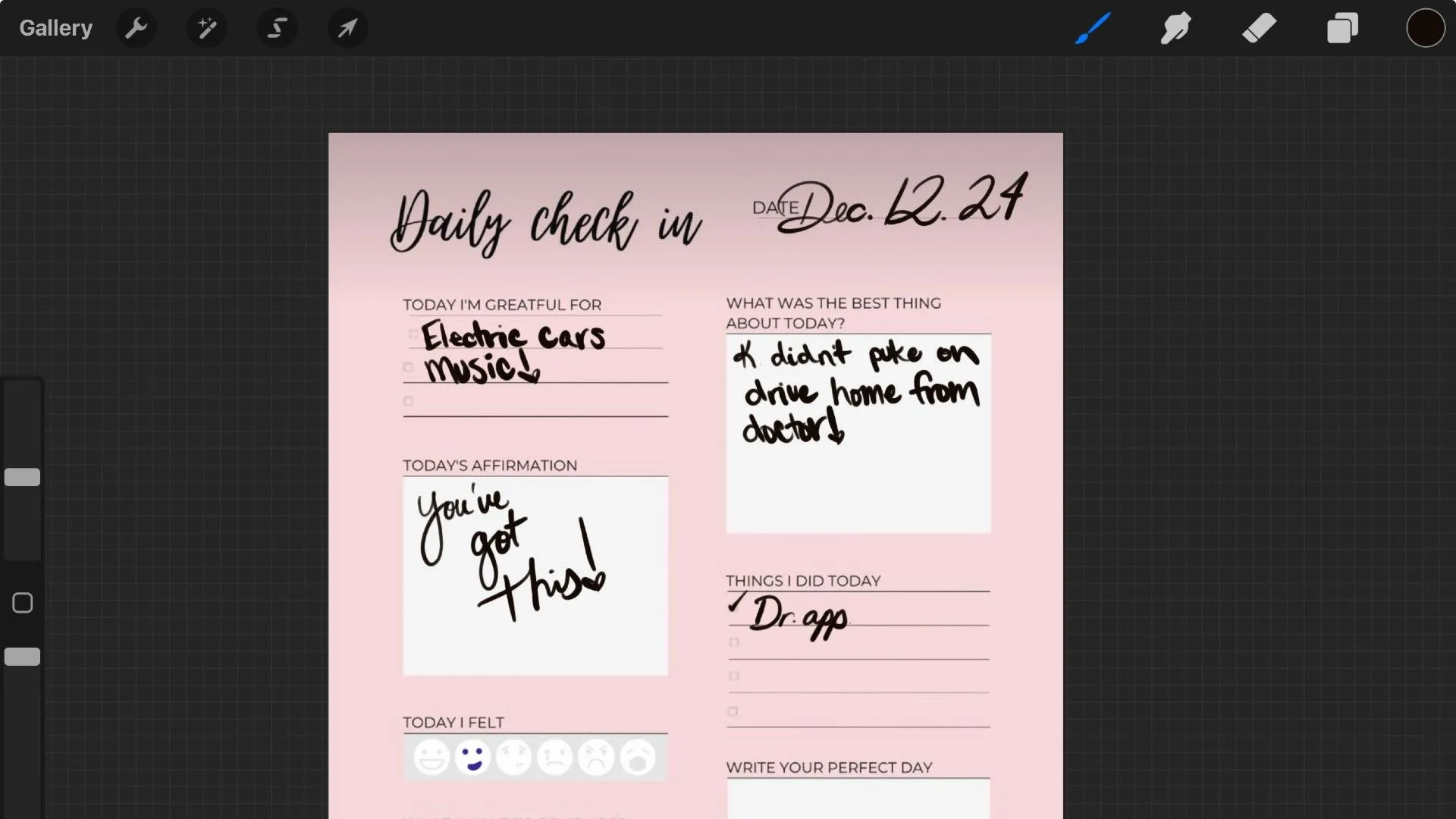 Bố cục nhật ký kỹ thuật số với chữ viết tay trên Procreate