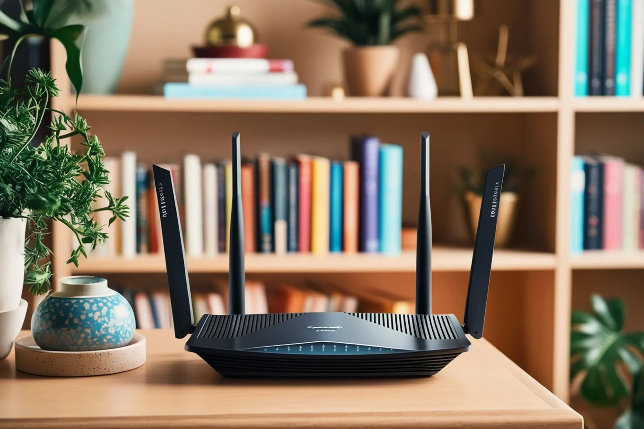 Bộ định tuyến Wi-Fi với bốn ăng-ten đặt trên bàn, phía trước giá sách
