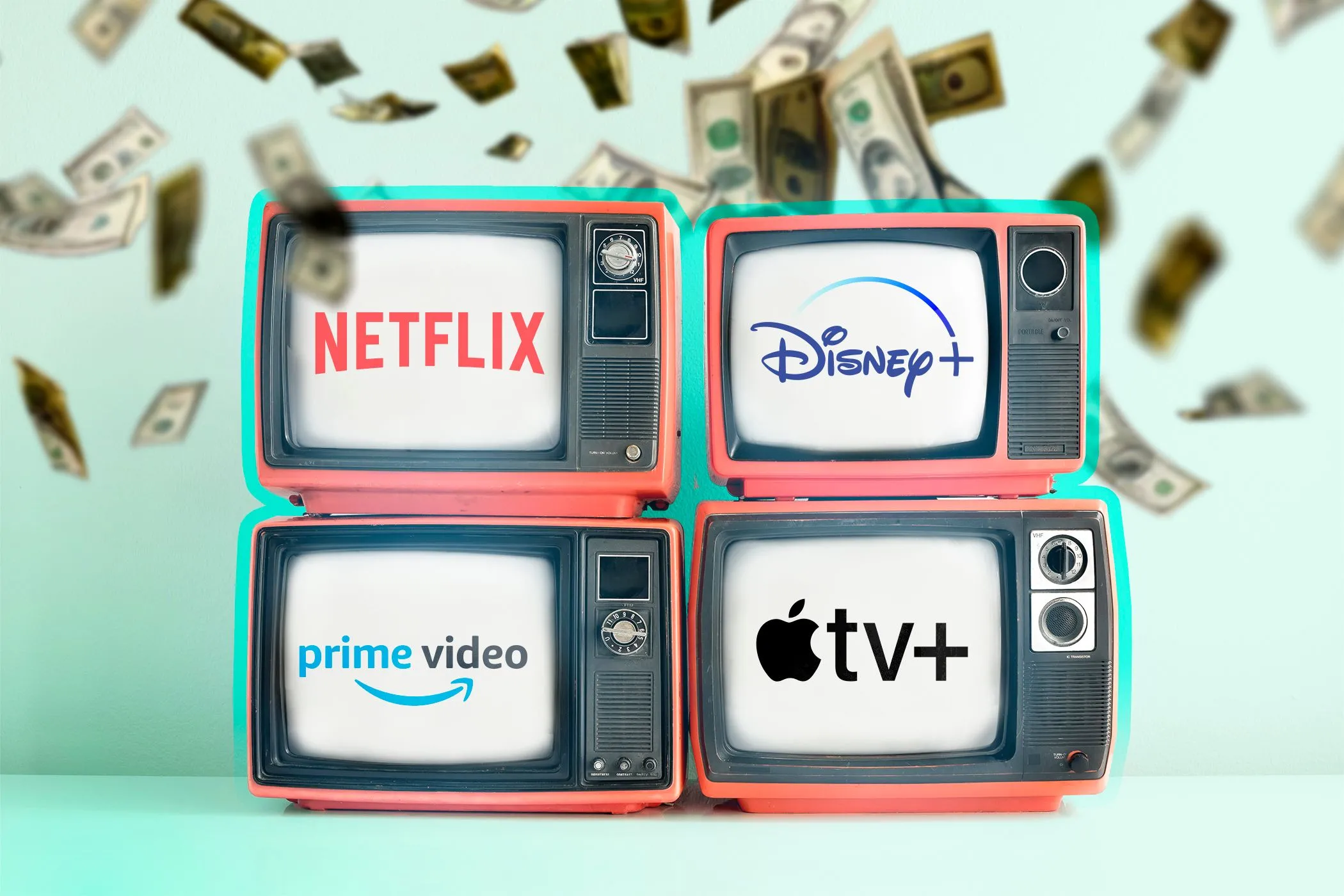 Bốn chiếc Smart TV hiển thị logo dịch vụ streaming và tiền rơi minh họa việc kiếm tiền từ dữ liệu người dùng