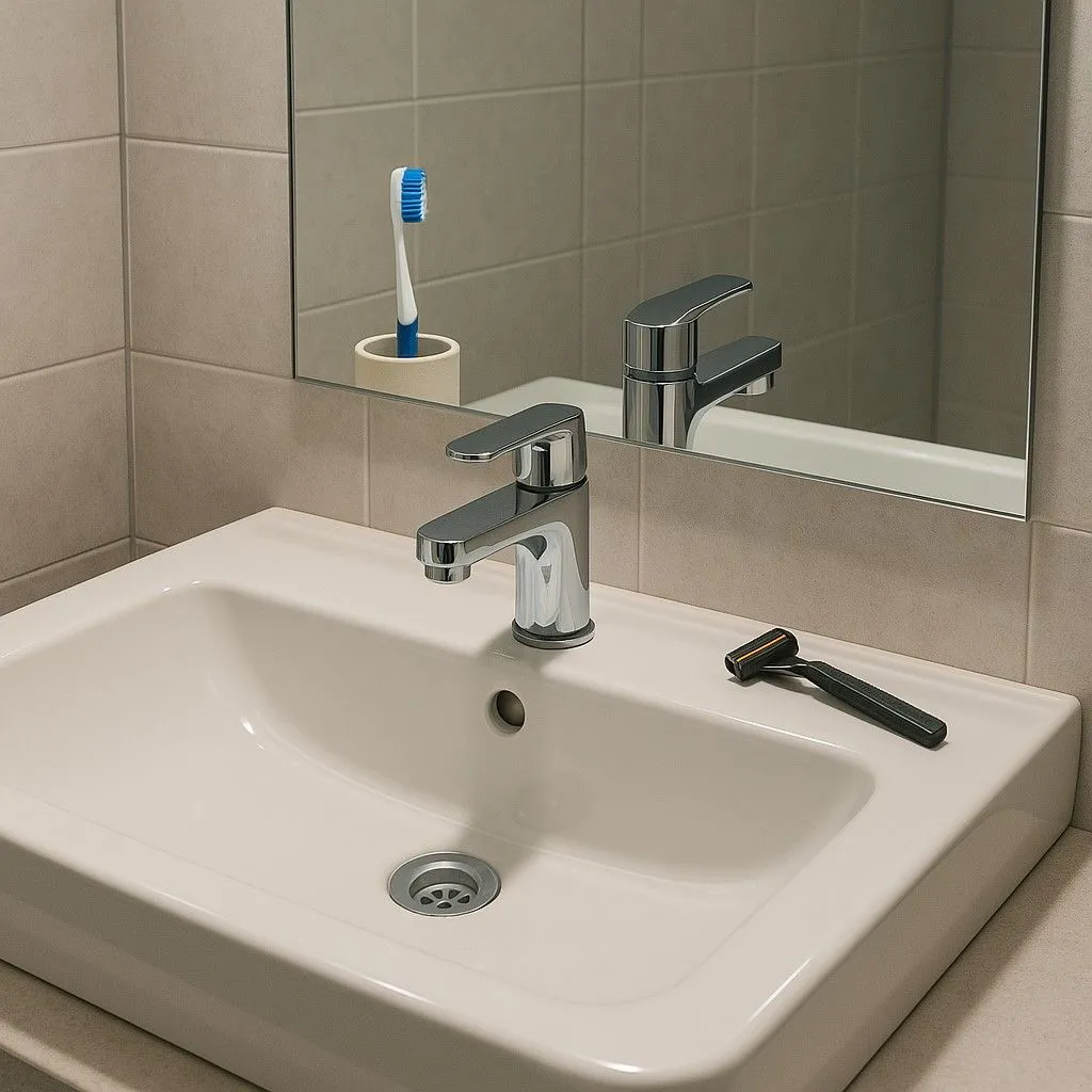 Bồn rửa mặt hiện đại với bàn chải đánh răng và dao cạo, tạo bởi ChatGPT 4o