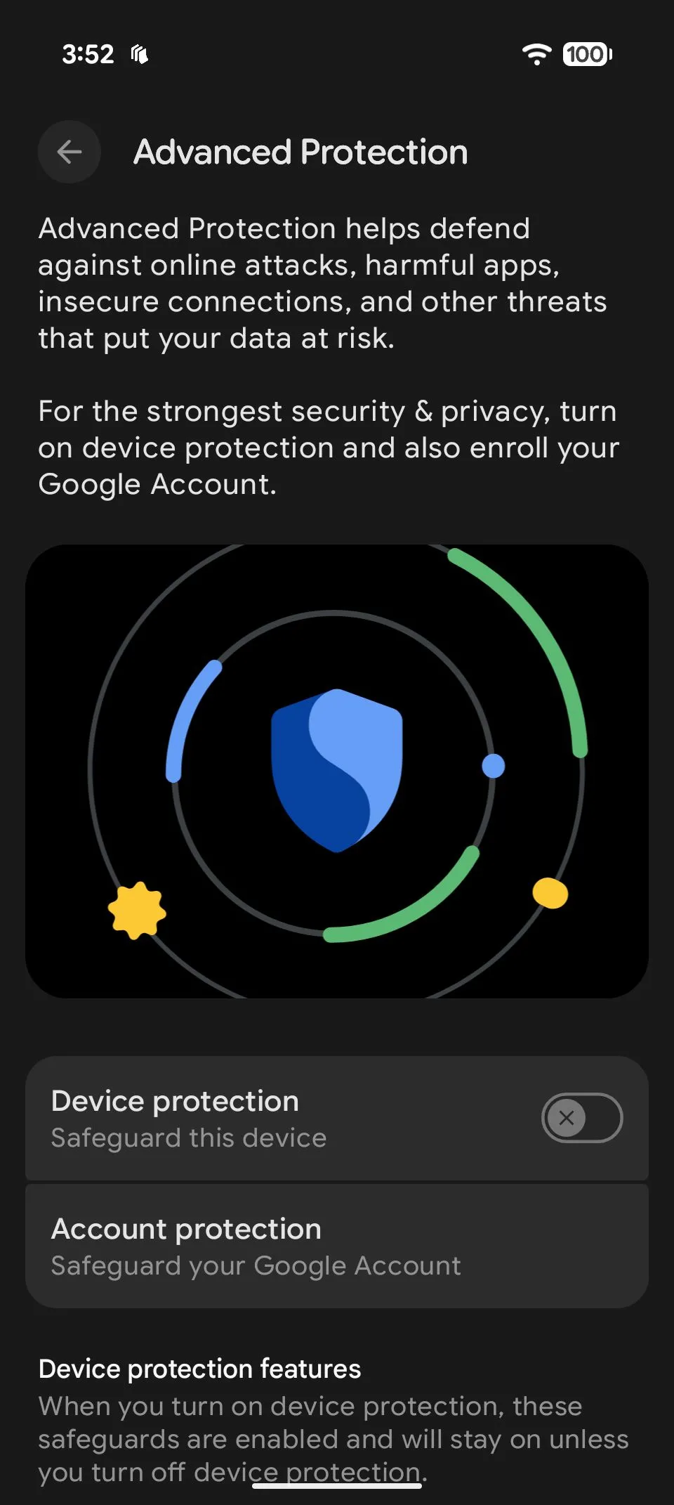Các bước bật Chế độ bảo vệ nâng cao trên điện thoại Android 16 trong cài đặt bảo mật.