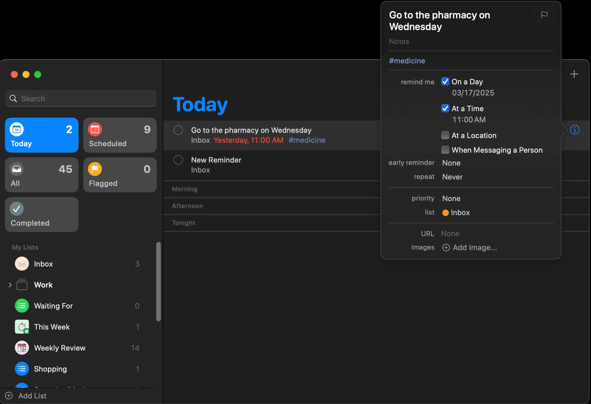 Các bước thêm thẻ (tags) vào một lời nhắc cụ thể trong ứng dụng Reminders trên macOS