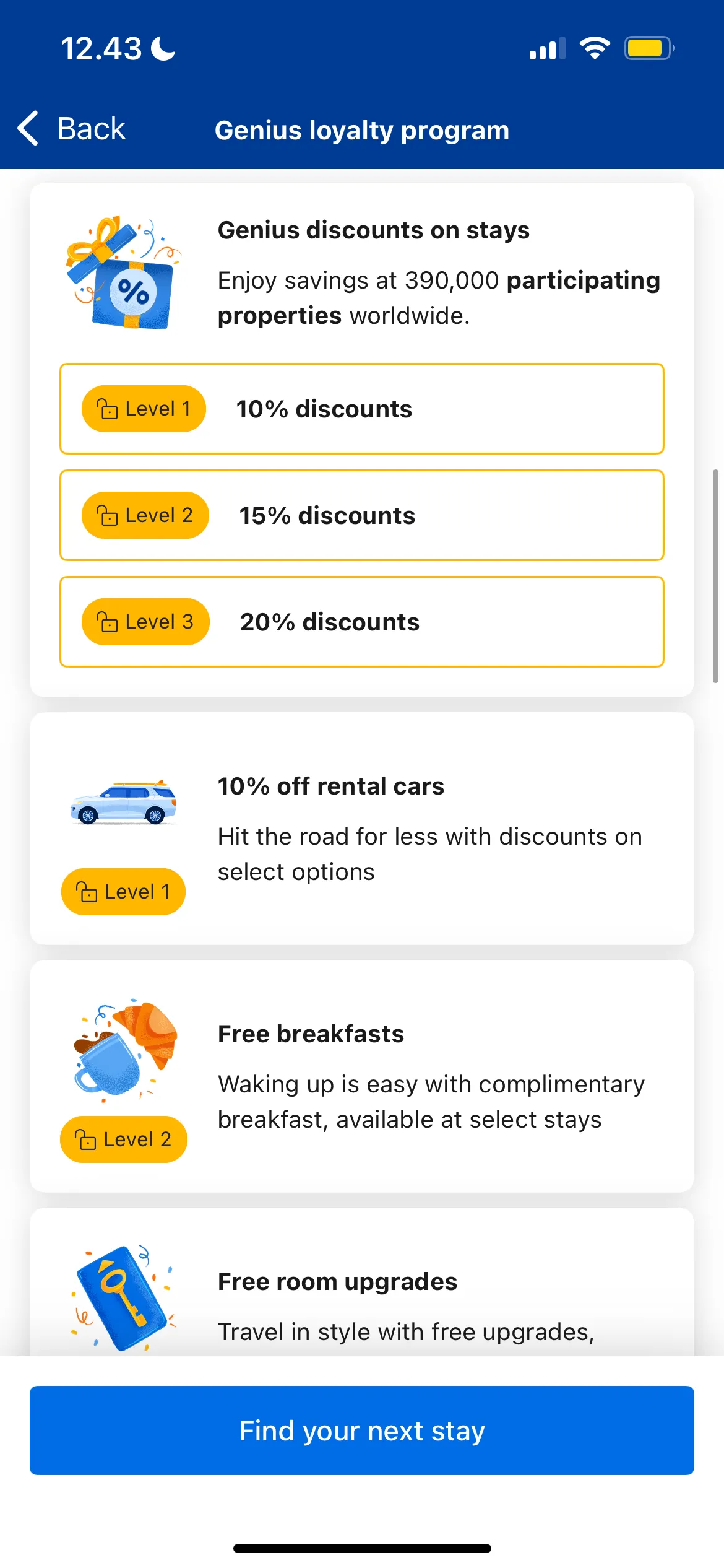 Các cấp độ và quyền lợi của chương trình khách hàng thân thiết Genius trên ứng dụng Booking.com