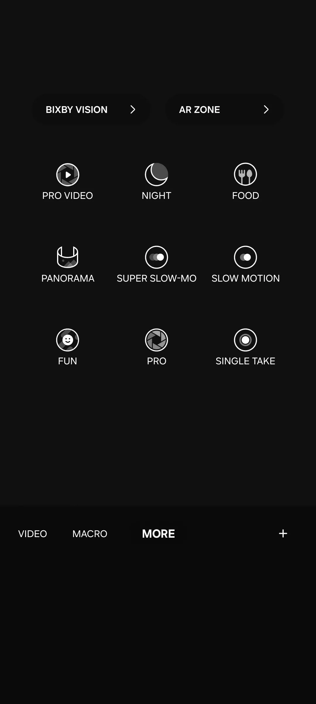 Các chế độ camera khác nhau trên điện thoại Samsung, hiển thị tùy chọn chế độ chuyên nghiệp Pro