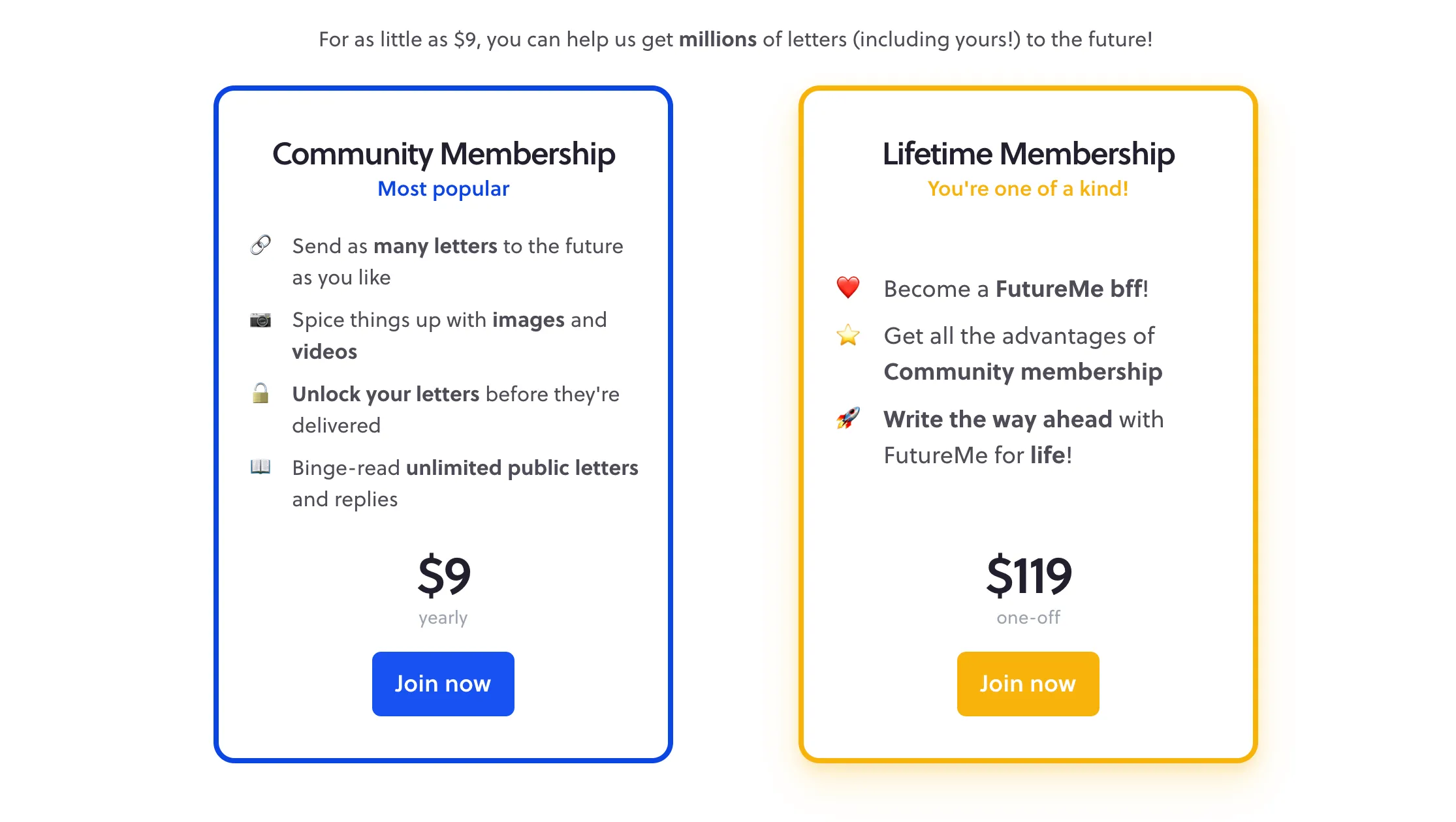Các gói đăng ký cao cấp Community và Lifetime của FutureMe