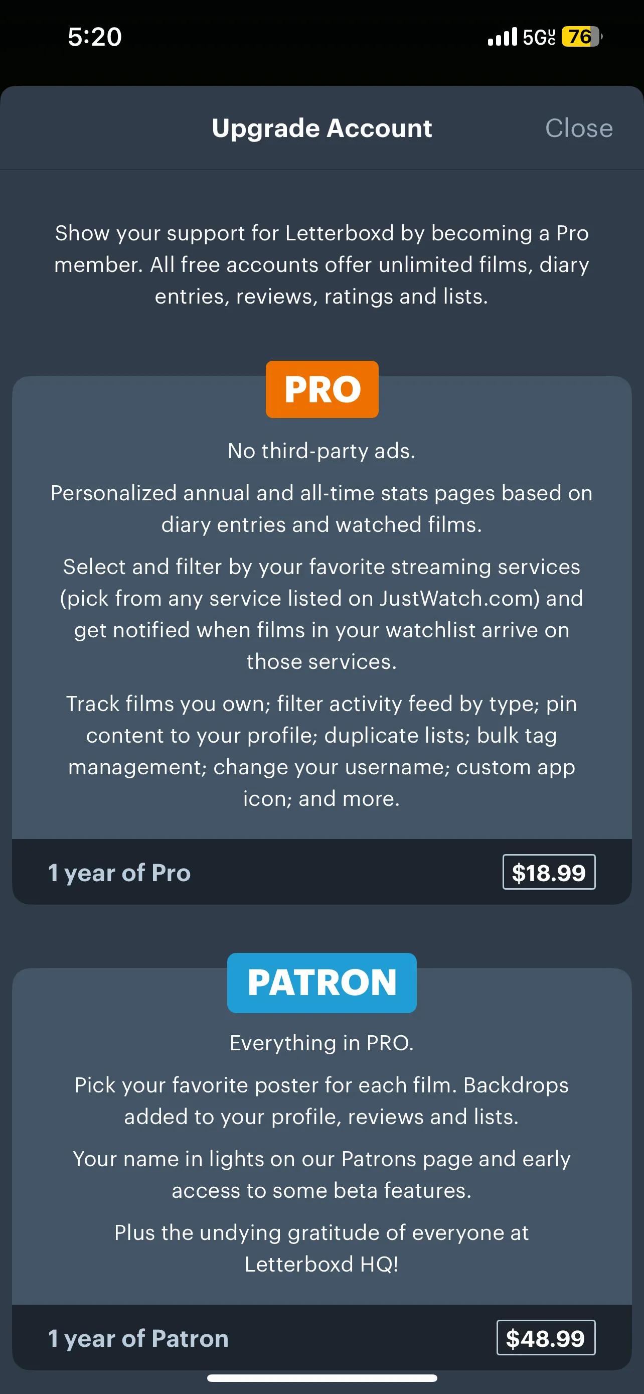 Các gói đăng ký Letterboxd PRO và Patron với các lợi ích nâng cao