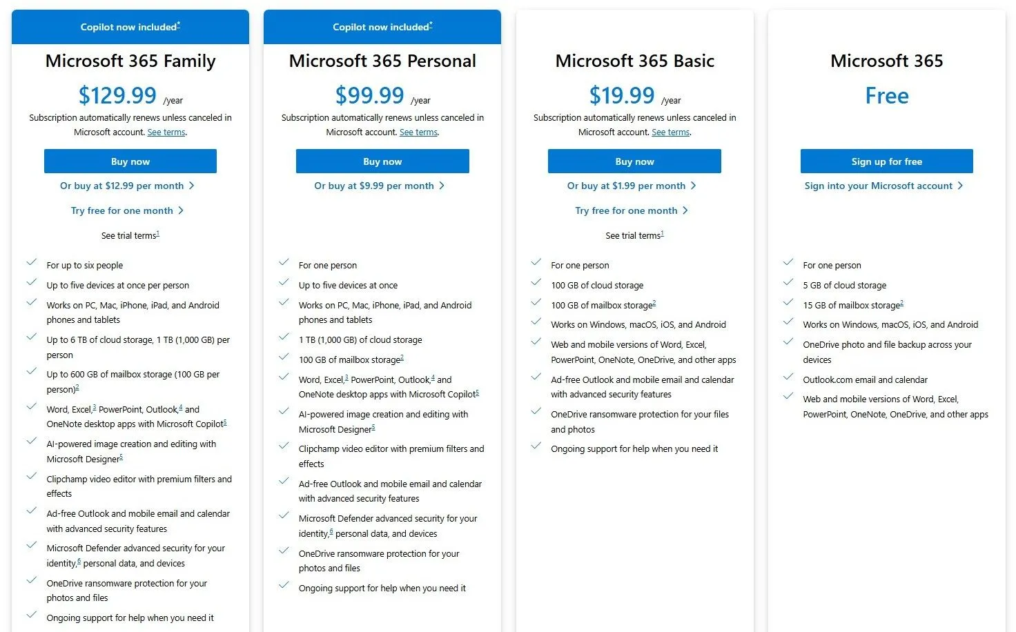 Các gói đăng ký Microsoft 365 và giá cước