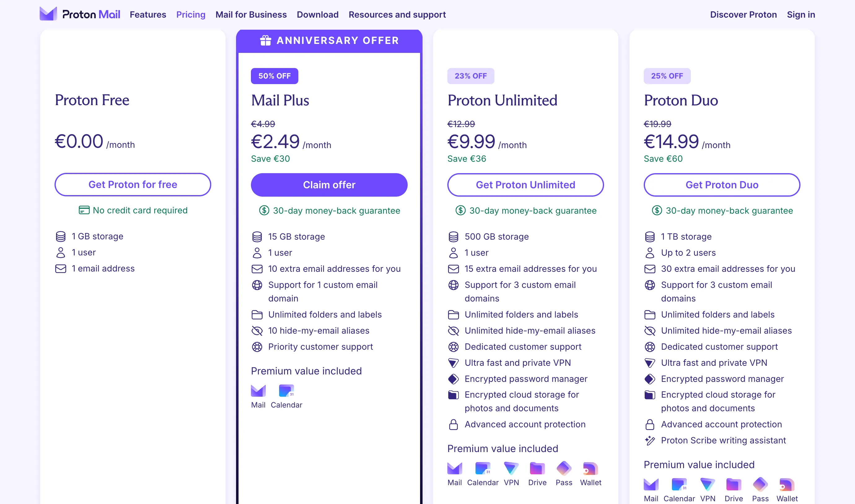 Các gói đăng ký ProtonMail kèm theo các lợi ích khác bao gồm dịch vụ Proton VPN cao cấp