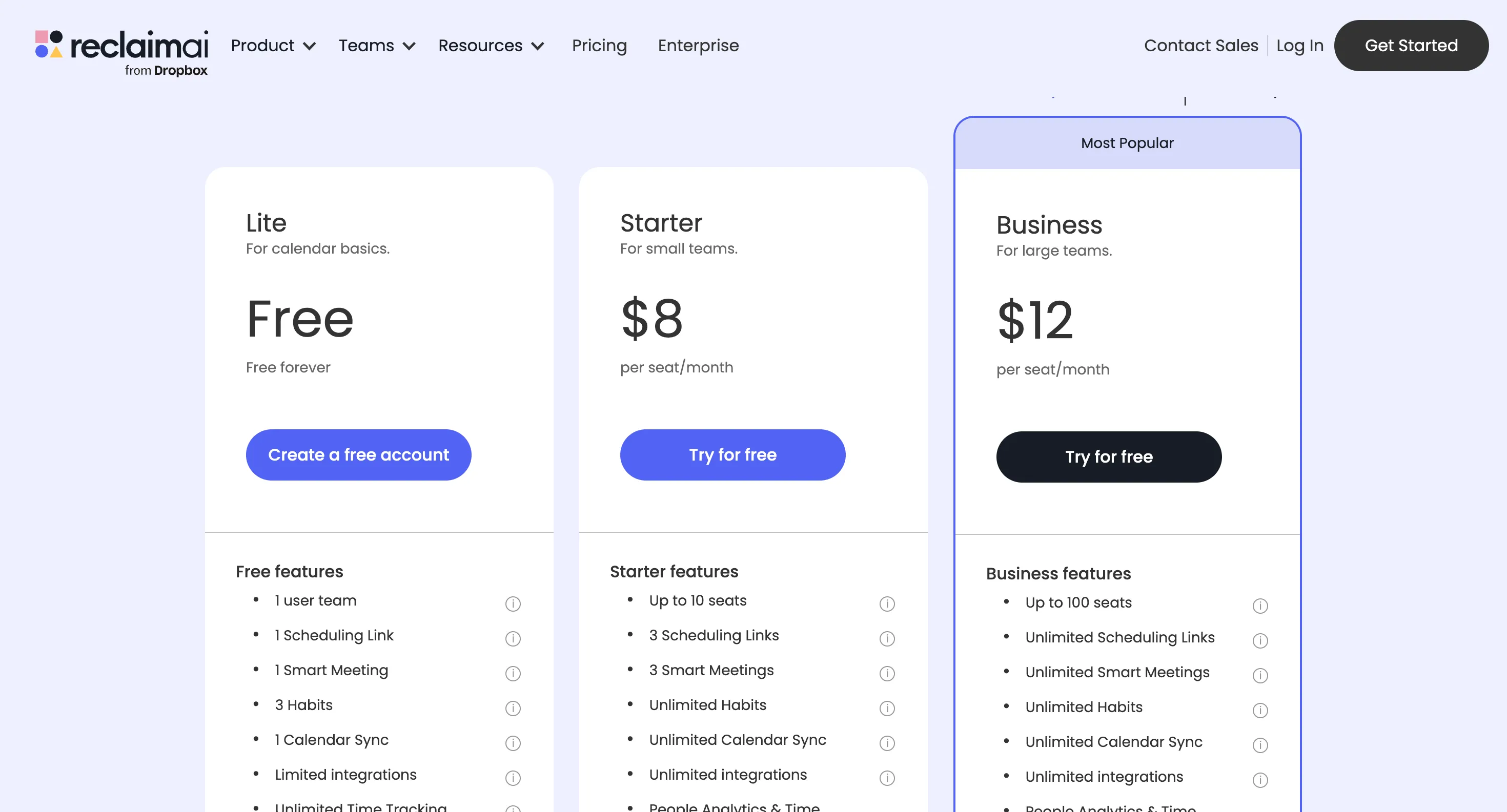 Các gói dịch vụ trả phí của Reclaim AI bao gồm Starter, Business và Enterprise