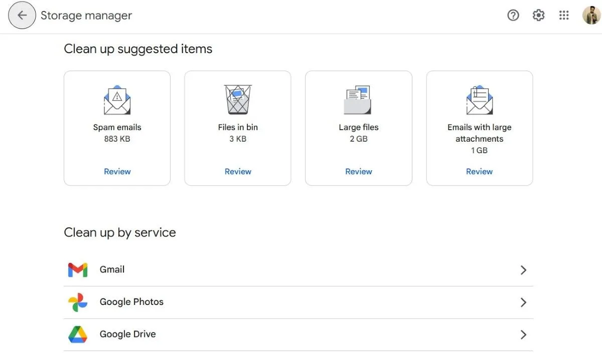 Các gợi ý dọn dẹp từ Trình quản lý Bộ nhớ của Google Drive