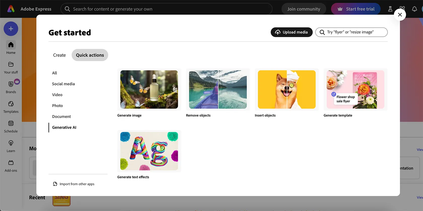 Các hành động nhanh được hỗ trợ bởi AI trong Adobe Express, bao gồm tạo hình ảnh và hiệu ứng văn bản.