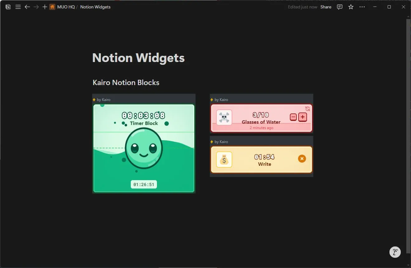 Các khối (blocks) tùy chỉnh từ Kairo Notion Blocks hiển thị trong ứng dụng Notion