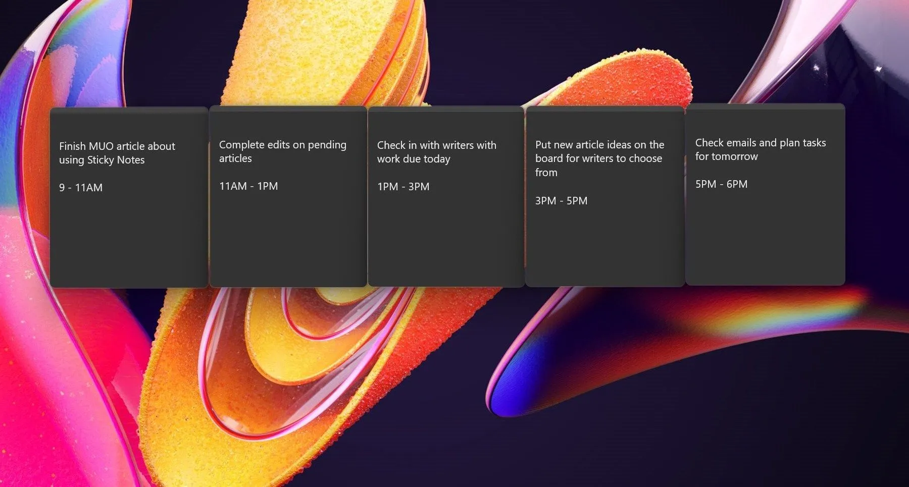 Các khối thời gian (Time Blocks) được sắp xếp trực quan bằng Sticky Notes trên màn hình làm việc Windows