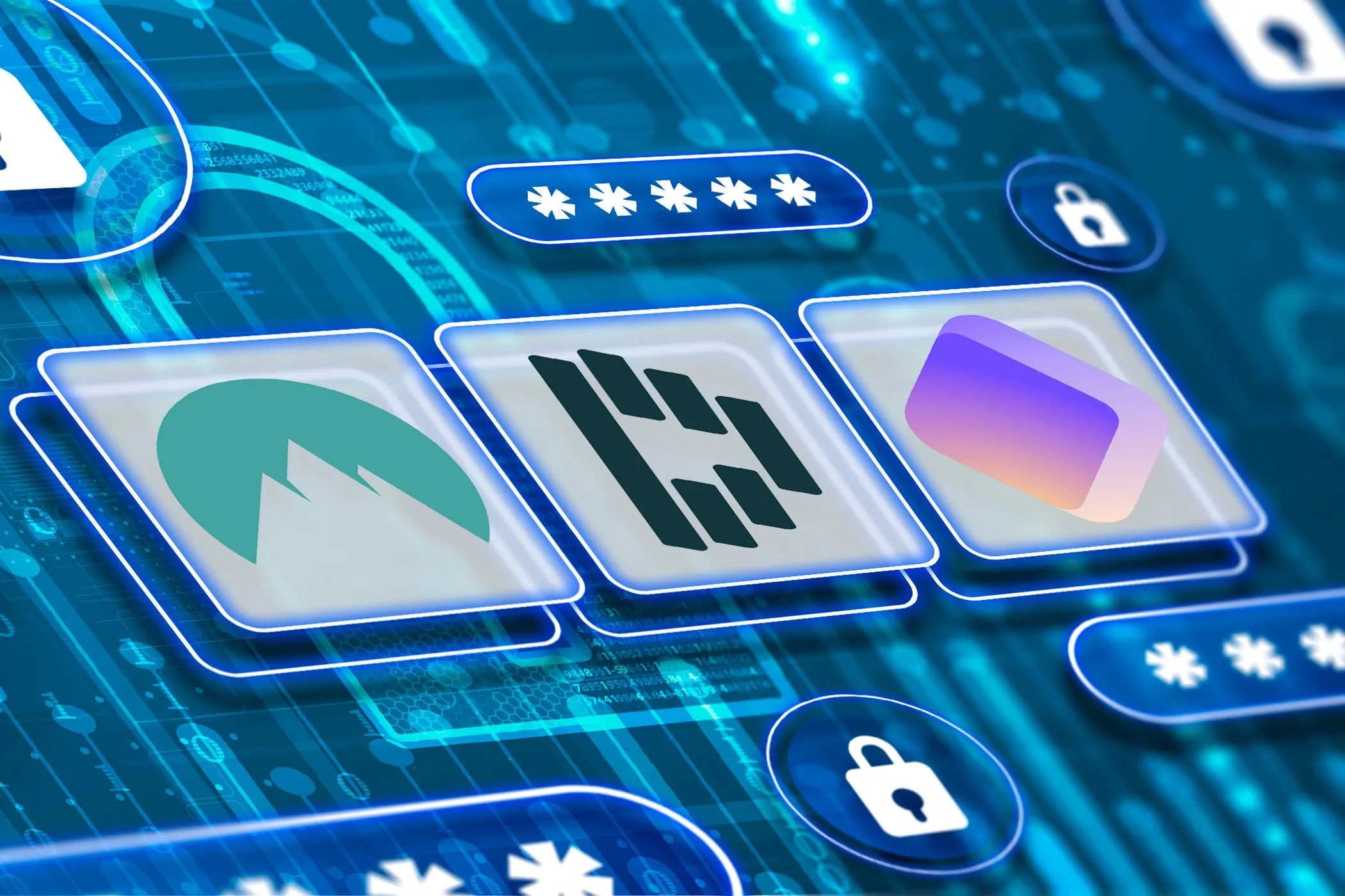 Các logo NordPass, Dashlane và Proton Pass cùng biểu tượng mật khẩu và khóa bảo mật, minh họa các trình quản lý mật khẩu hàng đầu