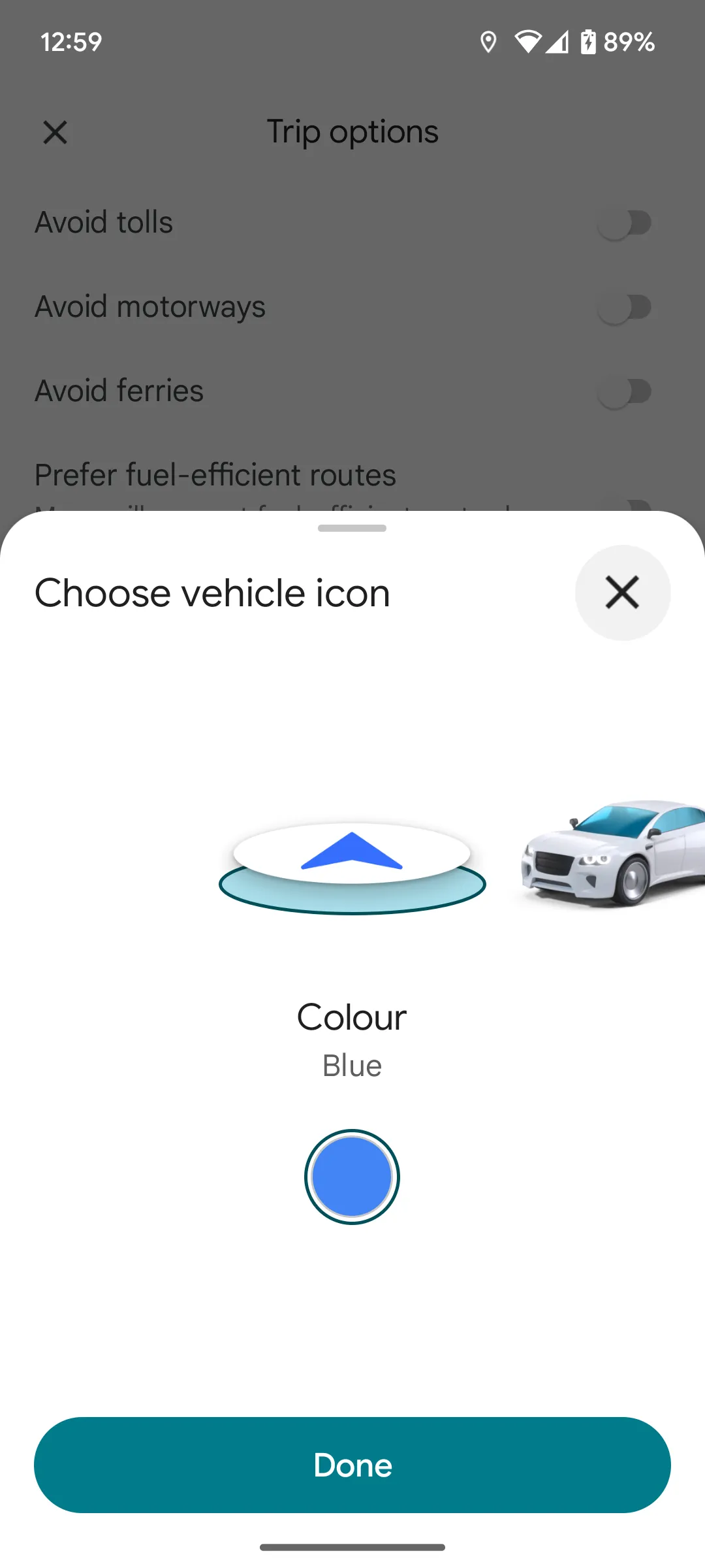 Các lựa chọn biểu tượng xe và màu sắc đa dạng trong tính năng cập nhật của Google Maps