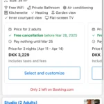 Các lựa chọn loại phòng khác nhau trên ứng dụng Booking.com