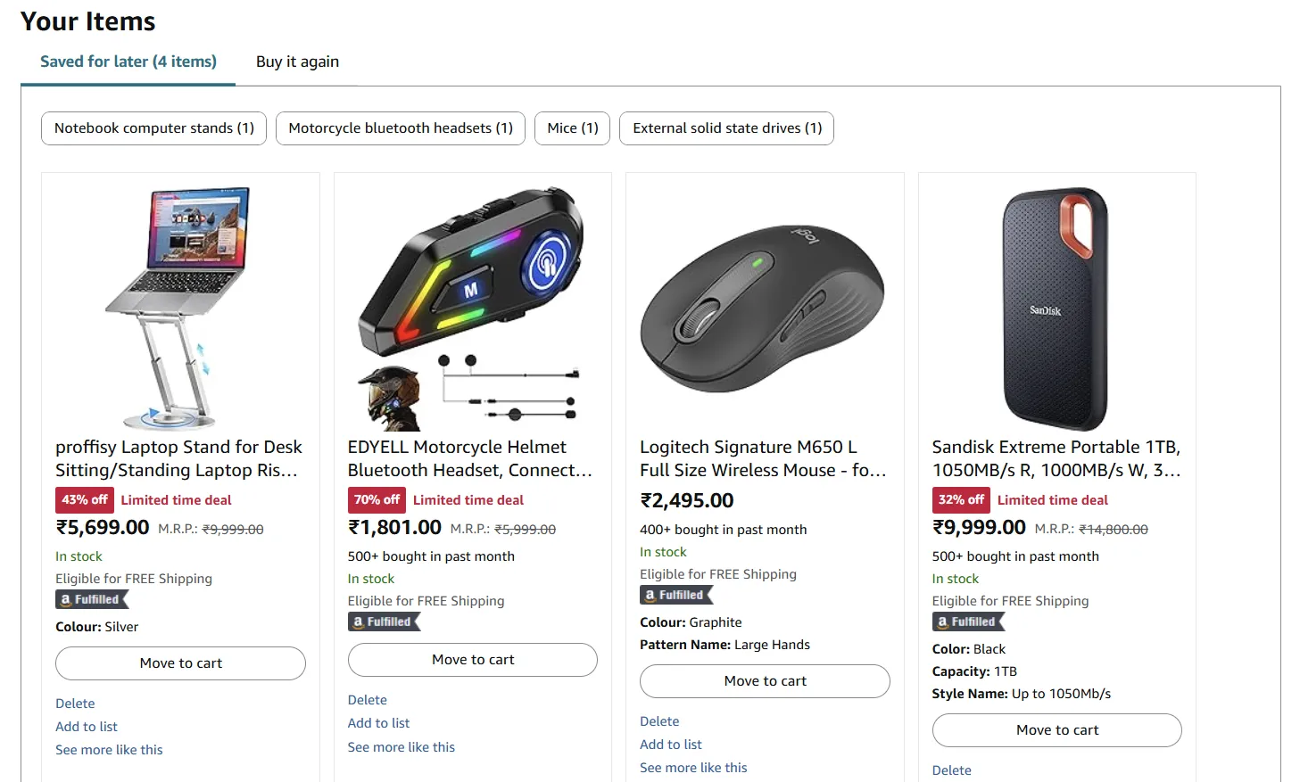 Các mặt hàng đã lưu để mua sau trong giỏ hàng Amazon
