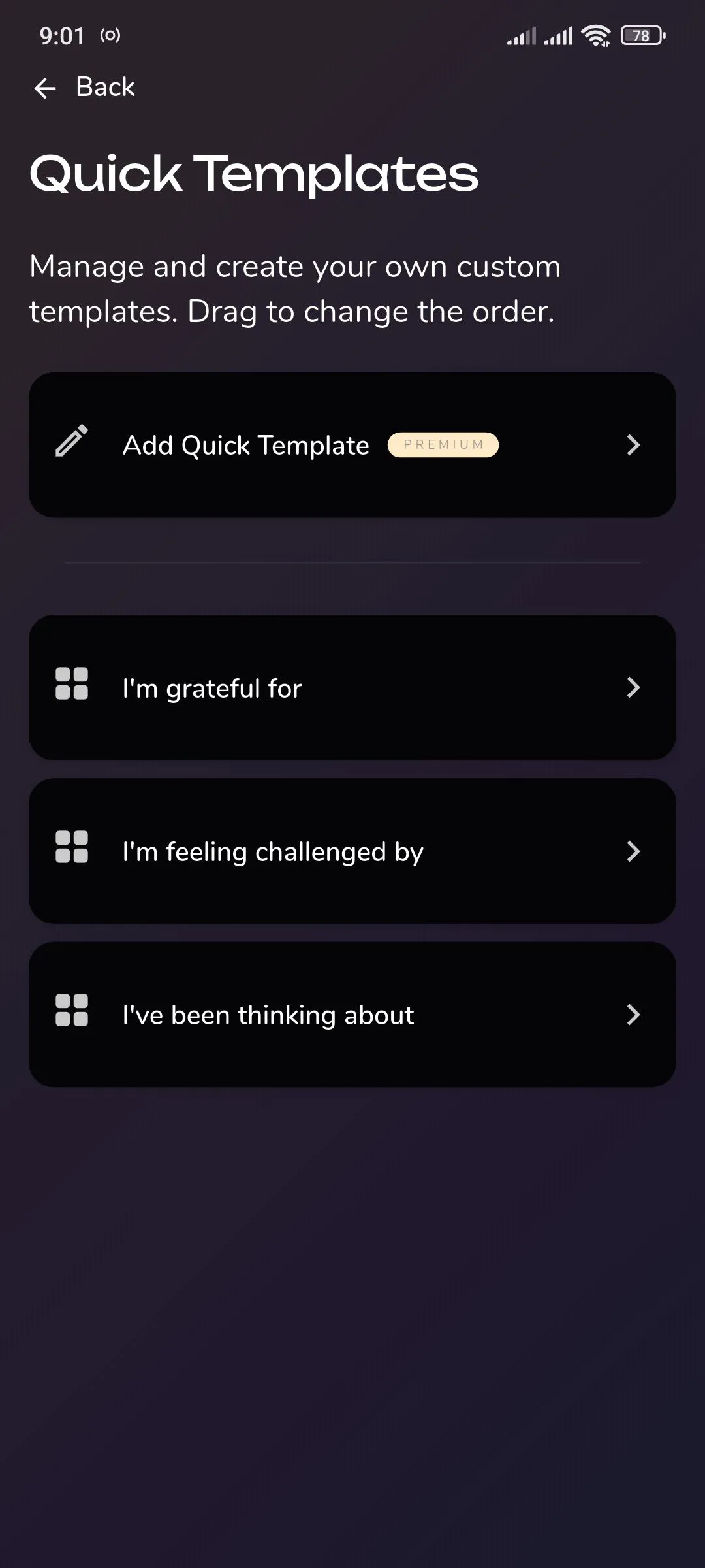 Các mẫu nhanh tùy chỉnh và nút thêm mẫu nhanh trong Reflection.app, một tính năng hữu ích cho người dùng Premium