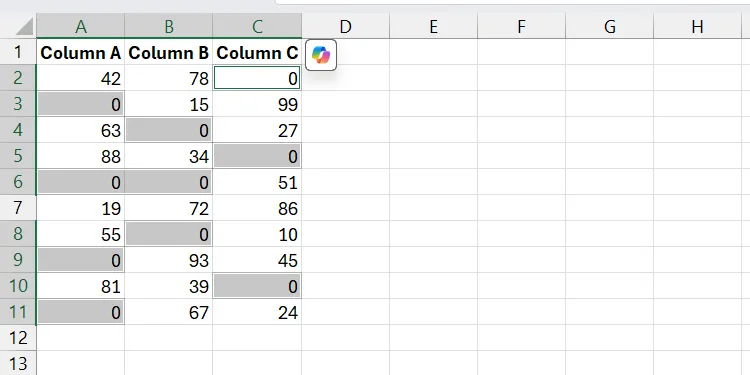 Các ô trống trong bảng tính Excel đã được điền dữ liệu bằng tính năng Go to Special