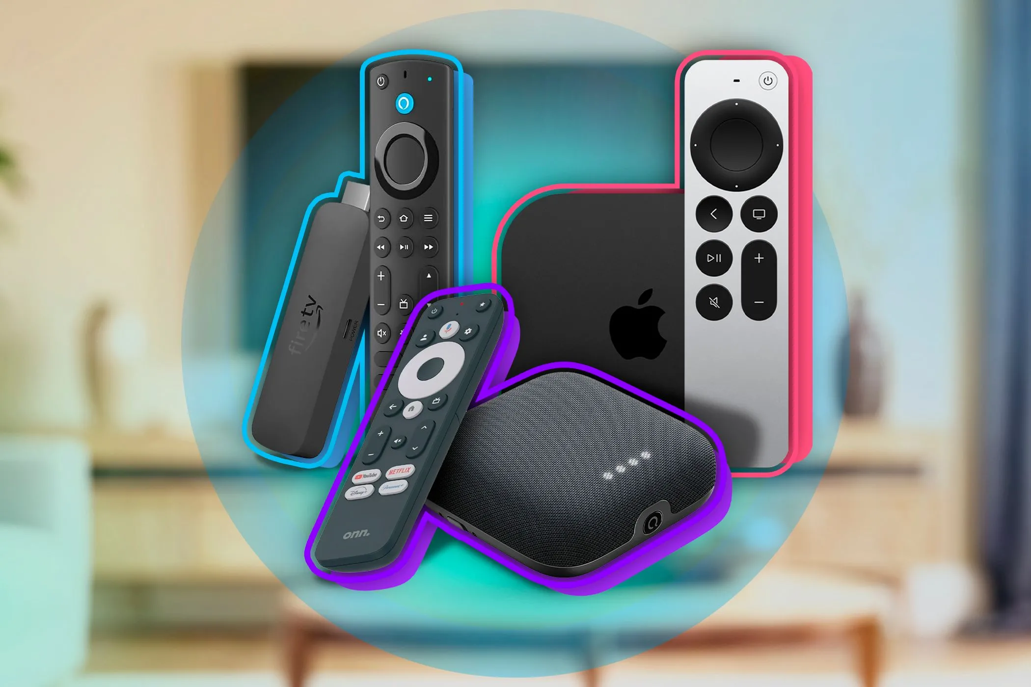 Các thiết bị stream phổ biến như Amazon Fire Stick, Roku và Apple TV, minh họa khả năng biến màn hình máy tính thông thường thành trung tâm giải trí.