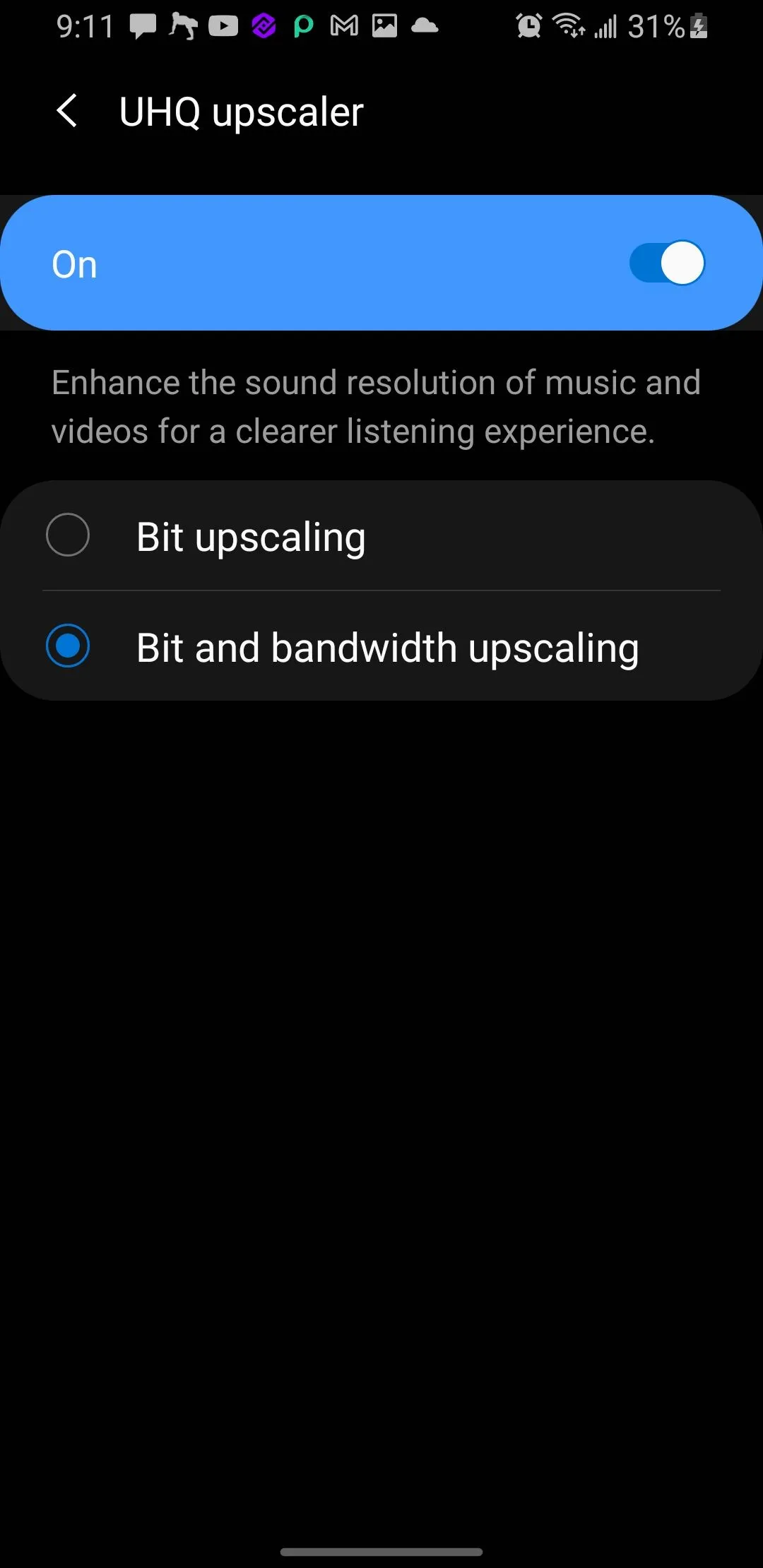 Các tùy chọn Bit Upscaling và Bit and Bandwidth Upscaling trong UHQ Upscaler của Samsung
