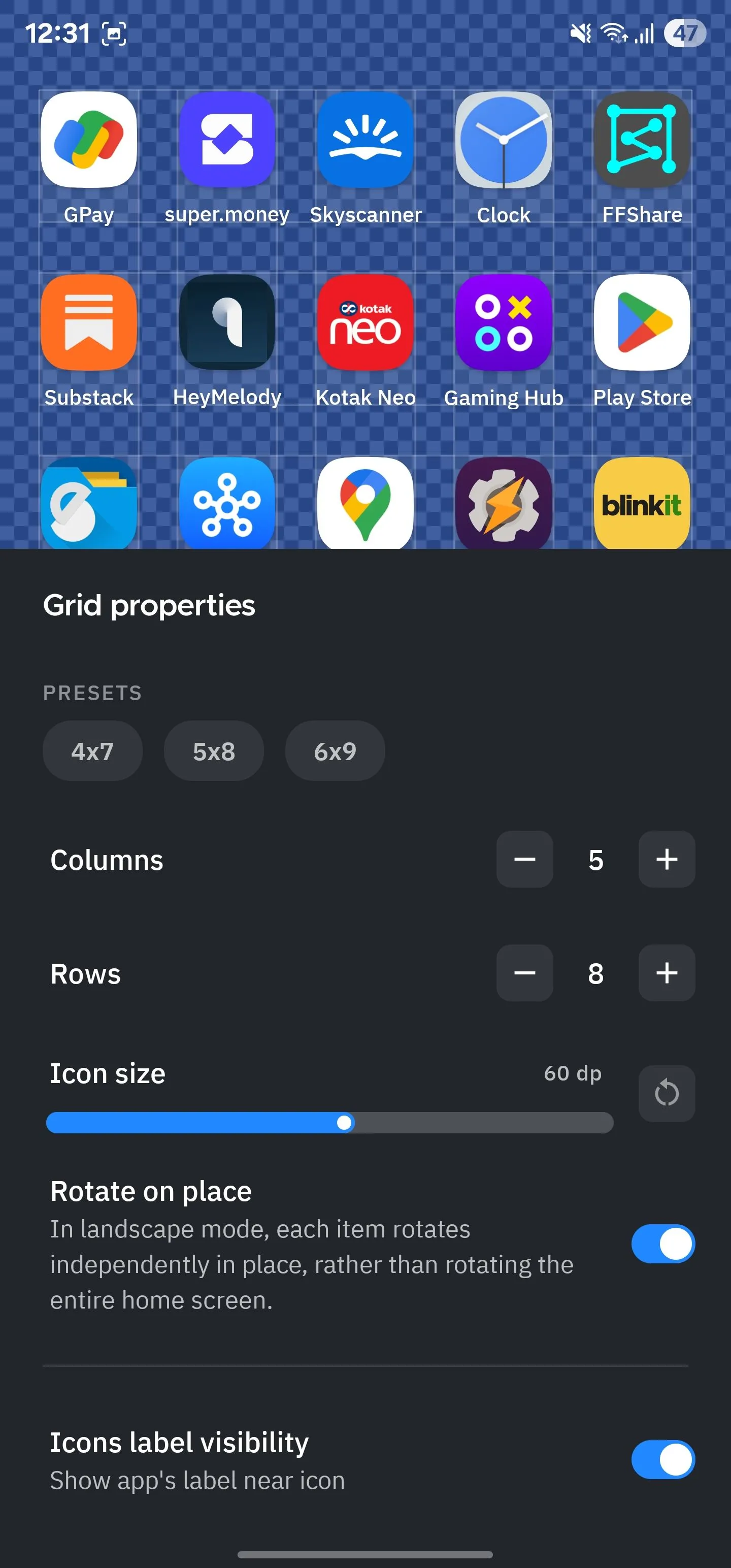 Các tùy chọn bố cục lưới màn hình chính trong Smart Launcher, cho phép người dùng điều chỉnh số hàng và cột để tối ưu không gian.