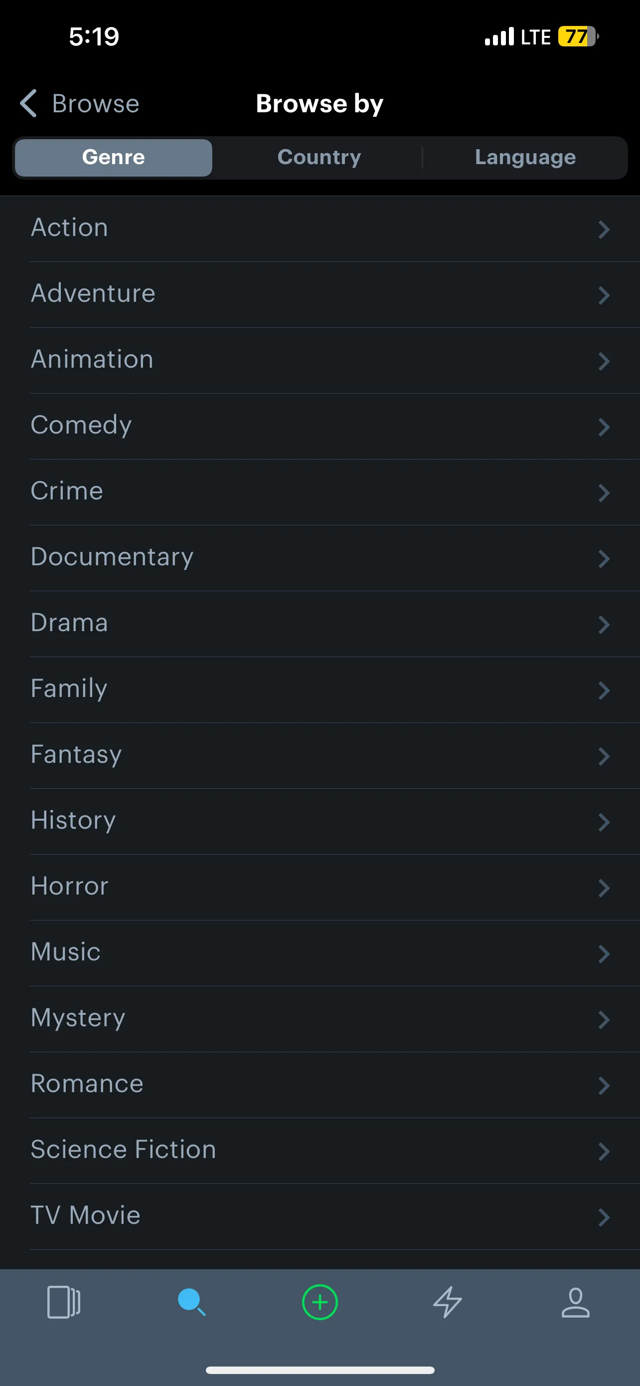 Các tùy chọn bộ lọc theo thể loại phim trên ứng dụng Letterboxd