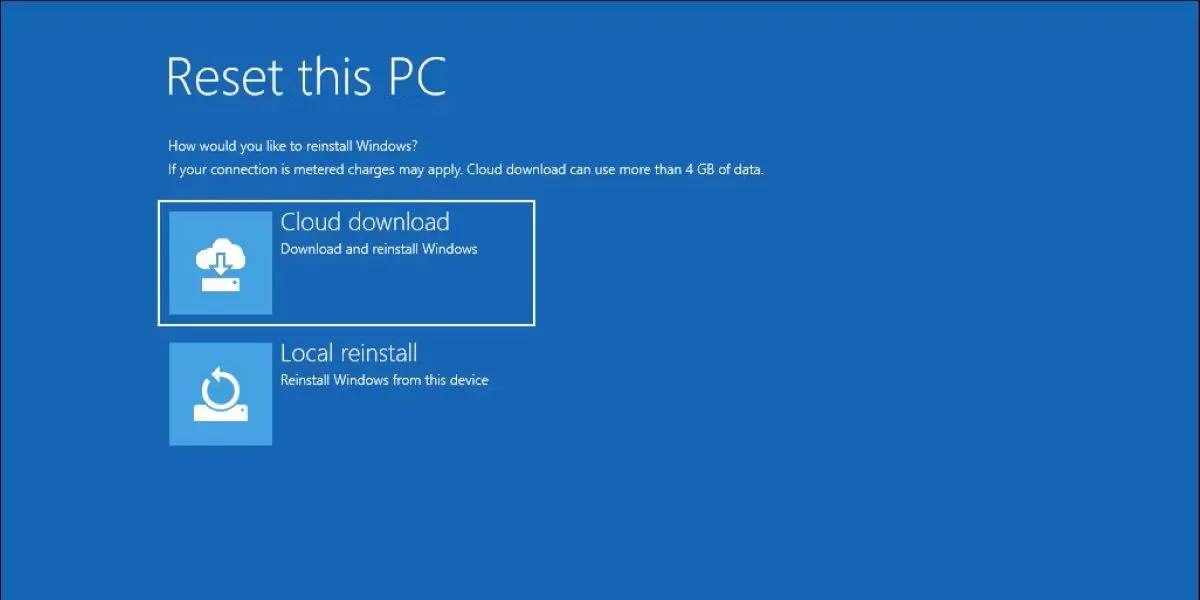 Các tùy chọn cài đặt lại Windows 11 qua Cloud download hoặc cài đặt cục bộ