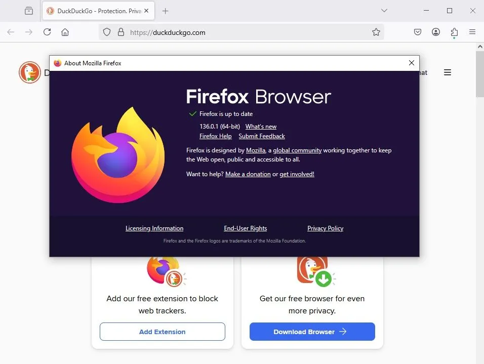 Các tùy chọn cập nhật trình duyệt Mozilla Firefox trong cửa sổ Giới thiệu Firefox.