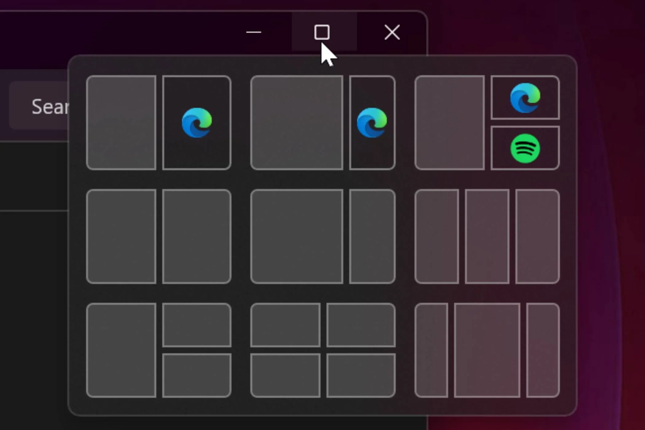 Các tùy chọn chia màn hình Snap Layouts đa dạng của Windows 11 được hiển thị khi di chuột vào nút phóng to cửa sổ.