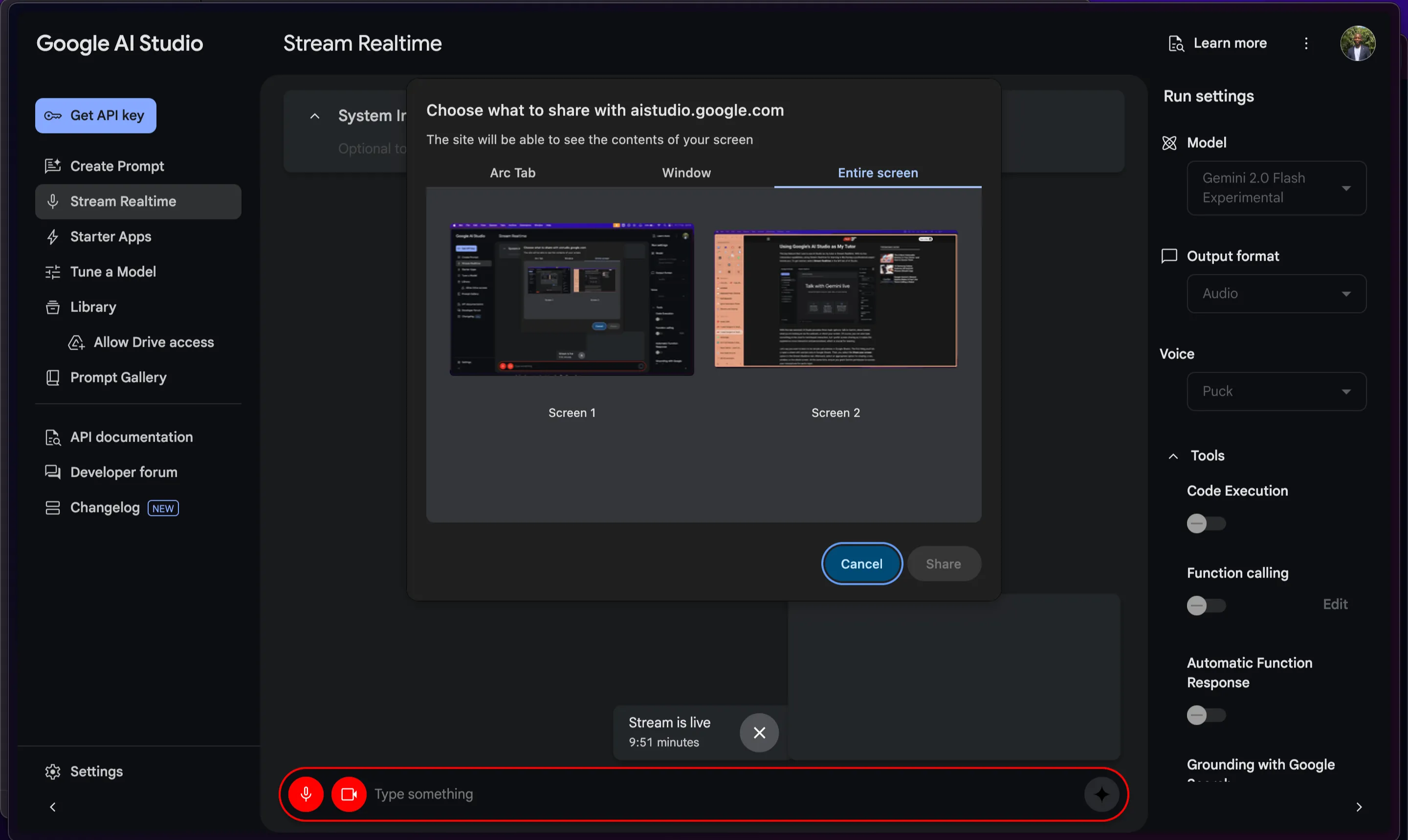 Các tùy chọn chia sẻ màn hình của Google AI Studio khi kích hoạt Stream Realtime