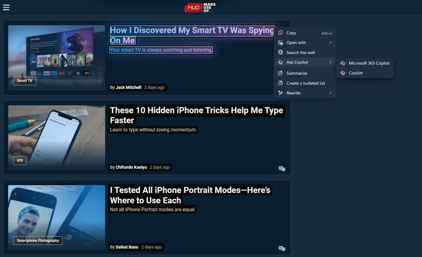 Các tùy chọn của Ask Copilot trong tính năng Click to Do của Windows 11, cho thấy sự phức tạp và nhiều lựa chọn