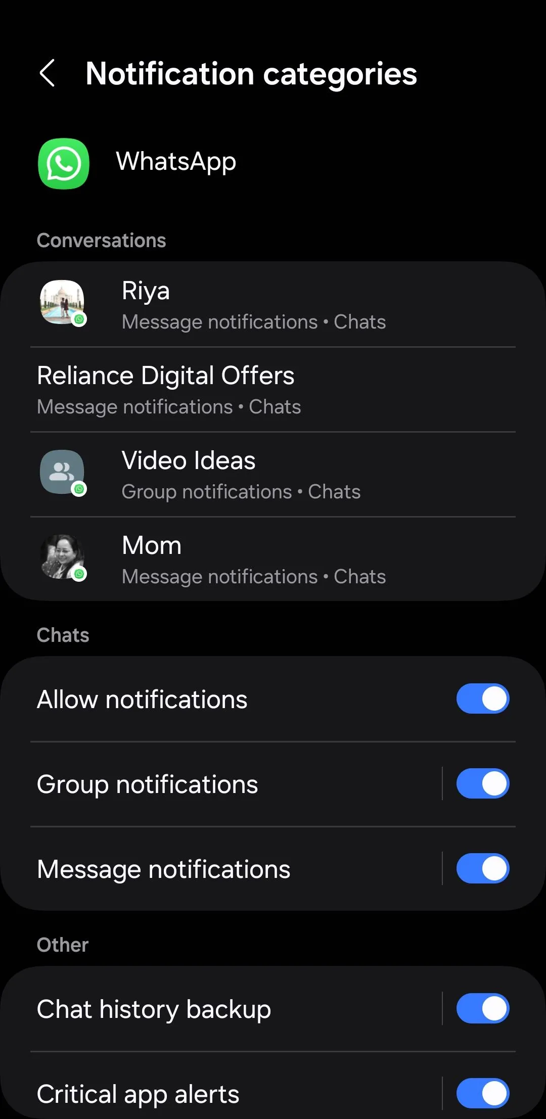 Các tùy chọn danh mục thông báo cho ứng dụng WhatsApp trên điện thoại Android