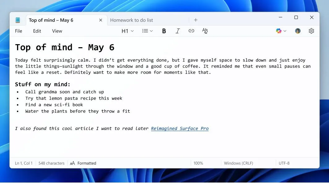Các tùy chọn định dạng văn bản mới trên Notepad Windows