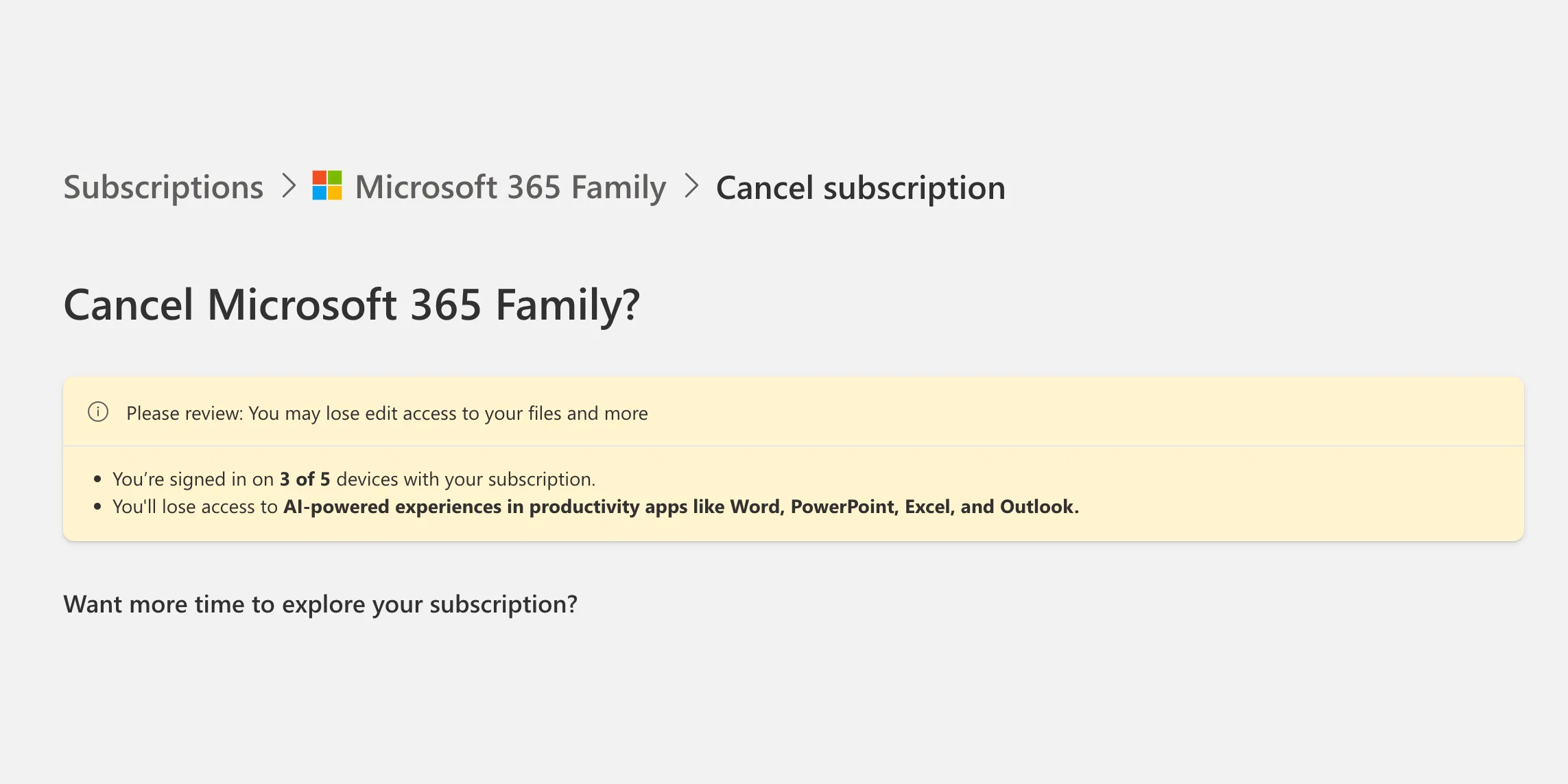 Các tùy chọn hủy đăng ký gói Microsoft 365 hiển thị để người dùng lựa chọn