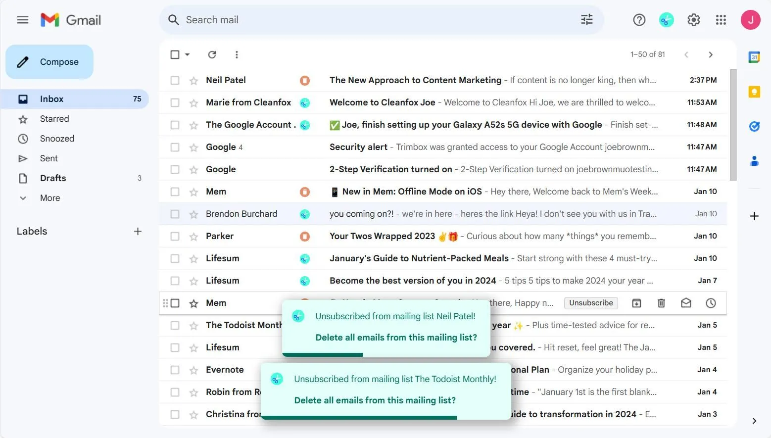 Các tùy chọn hủy đăng ký và xóa trong hộp thư đến Gmail