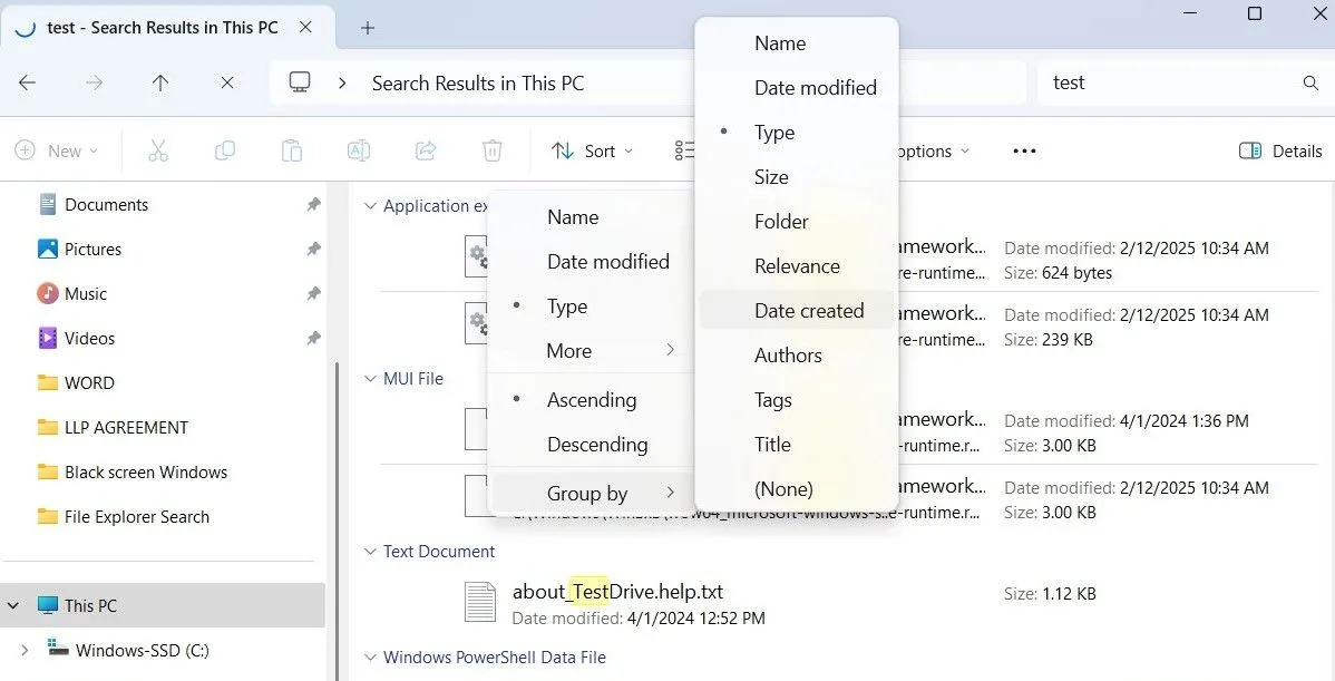 Các tùy chọn nhóm kết quả tìm kiếm theo Date Modified, Type, Size trong File Explorer của Windows.